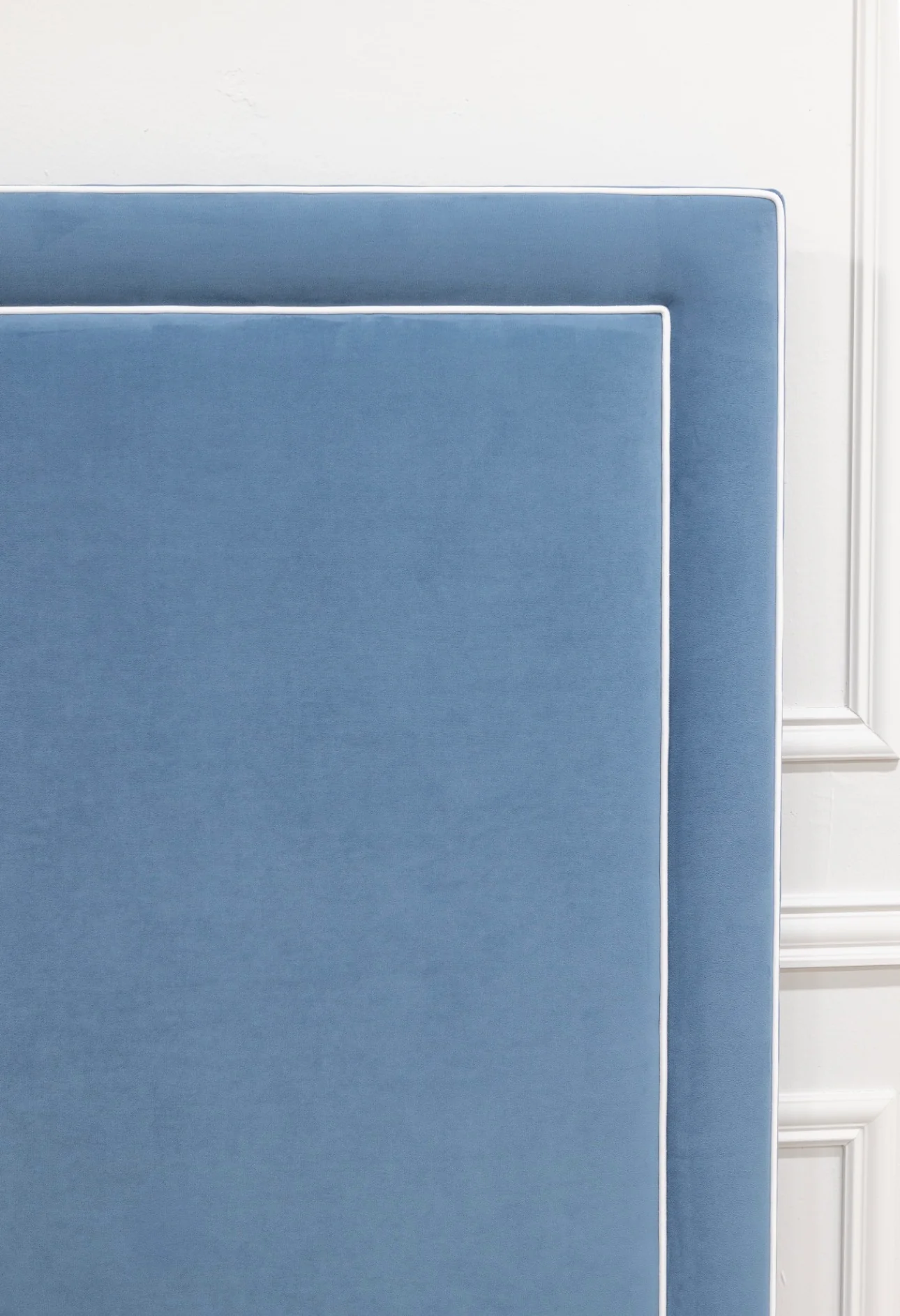 65"H King Platform Bed - Upholstered Legs - Ocean Blue Performance Velvet Fabric - White Trim - Image 9