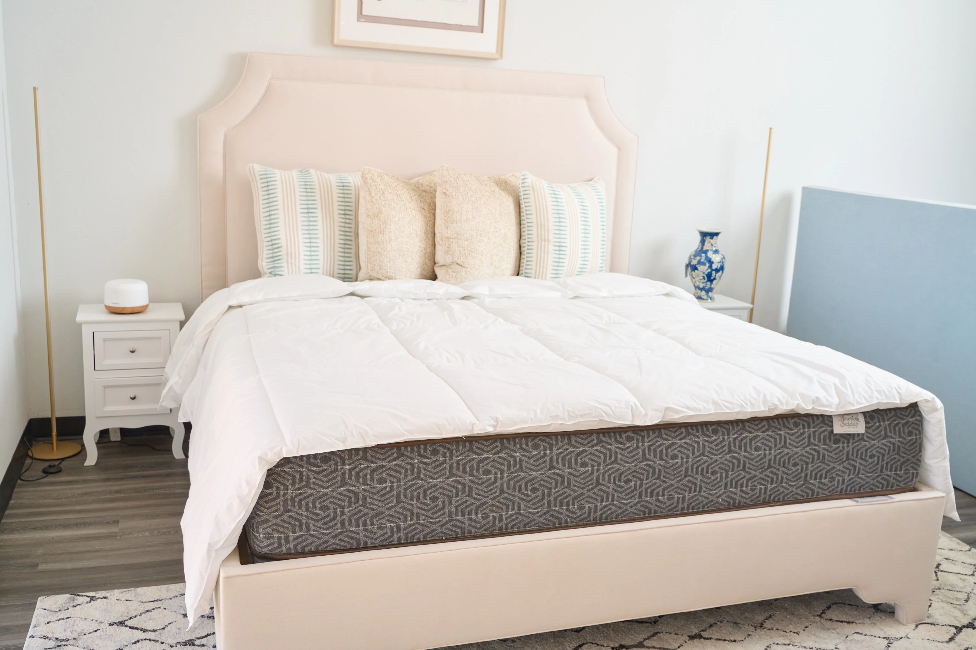 65"H King Upholstered Platform Bed - Scalloped Legs - Beige Woven Fabric Self Welted - Image 3