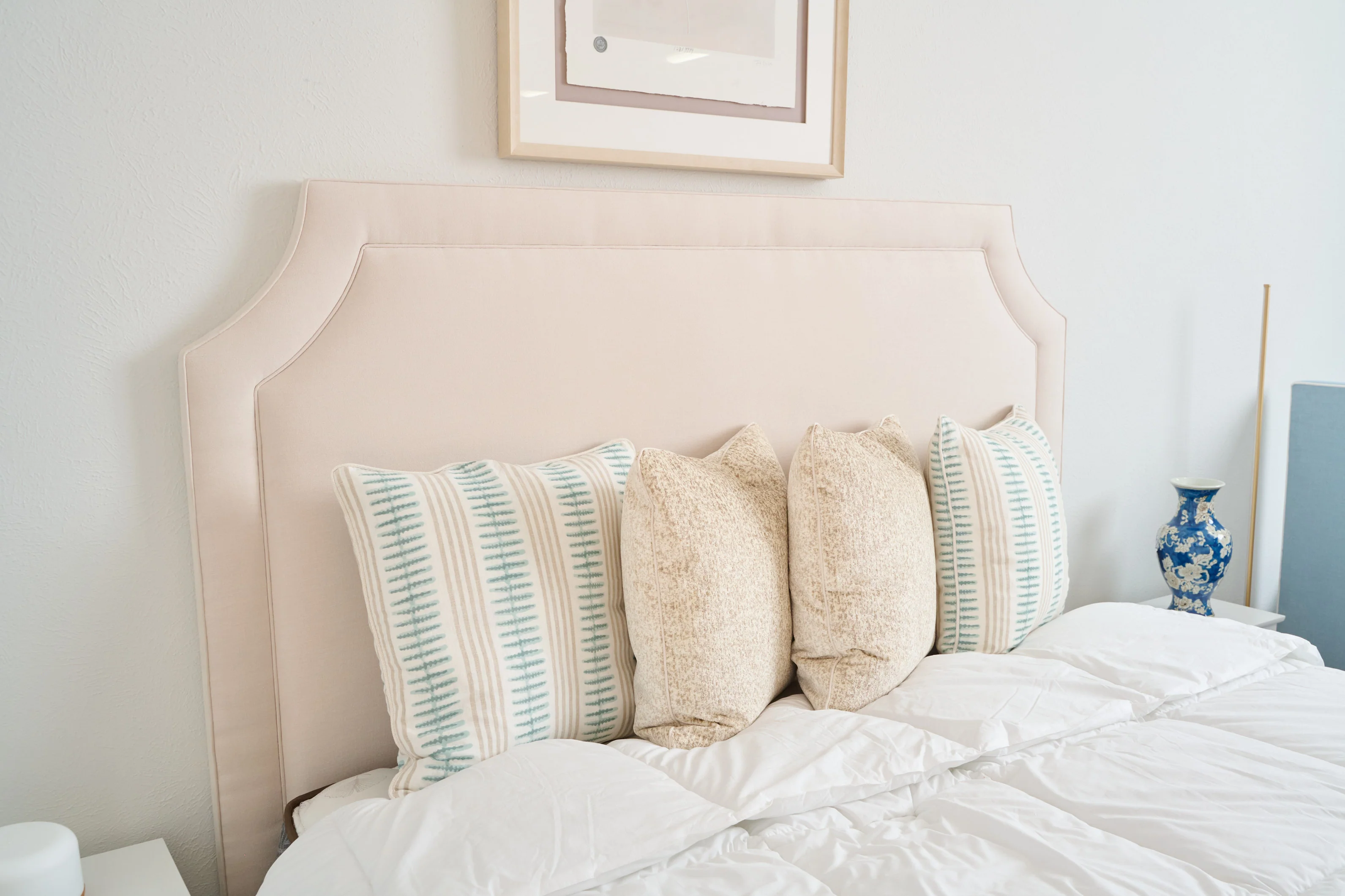 65"H King Upholstered Platform Bed - Scalloped Legs - Beige Woven Fabric Self Welted - Image 8