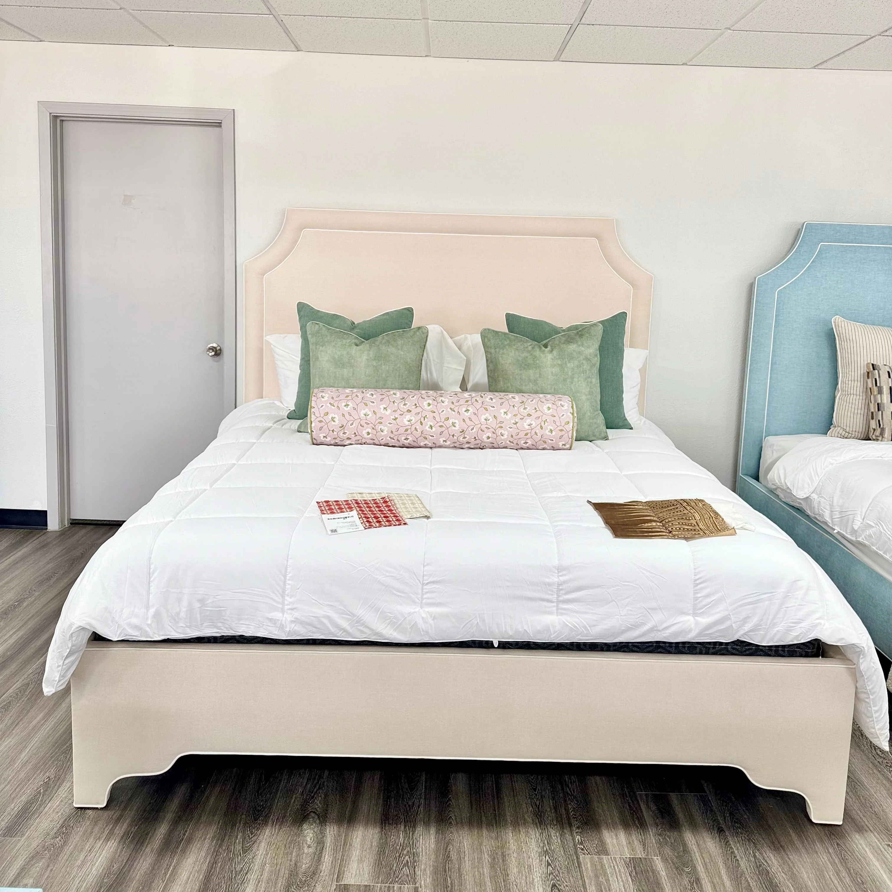 65"H King Upholstered Platform Bed - Scalloped Legs - Oatmeal Woven Fabric - White Trim