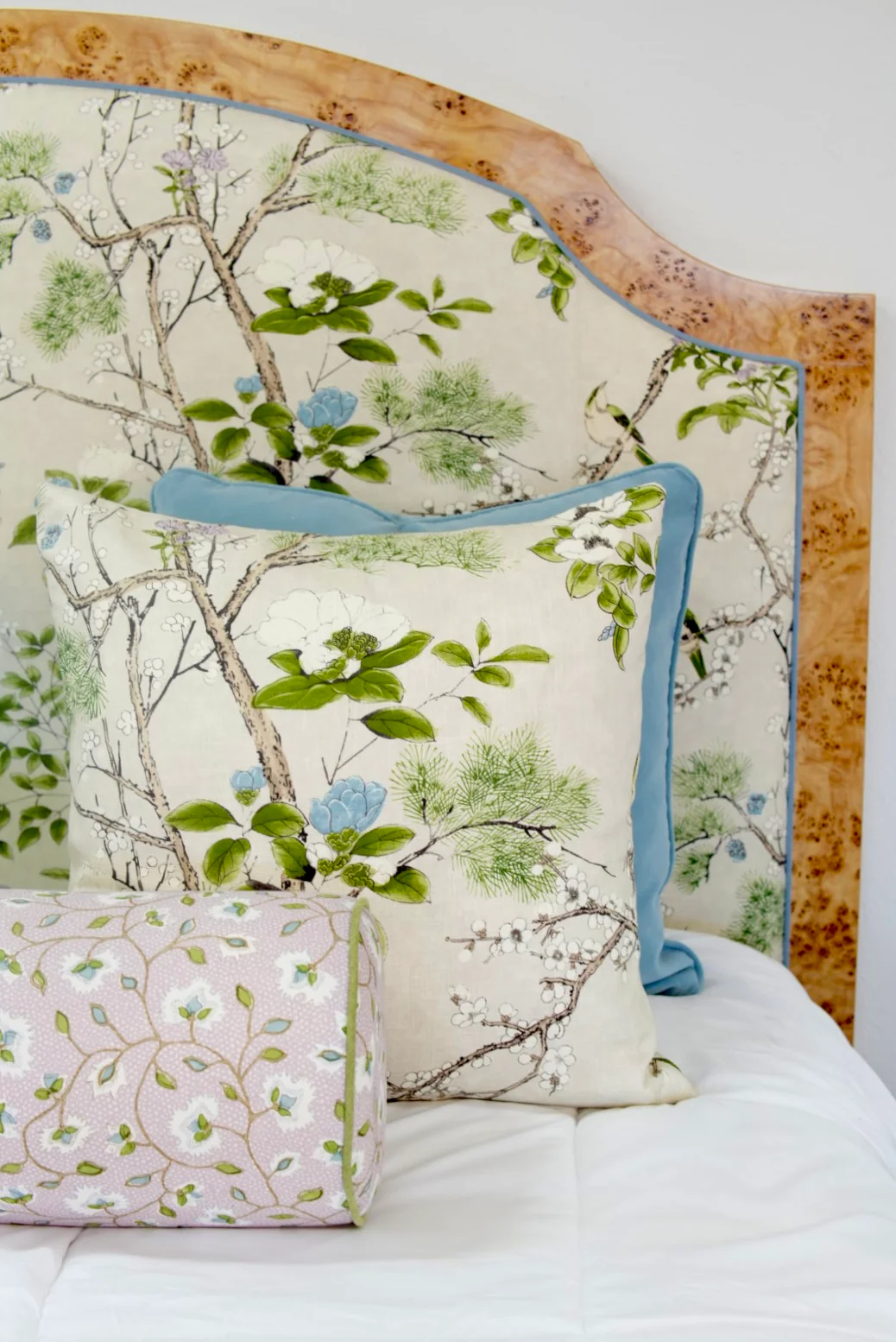 65"H Mappa Burlwood King Bed - Upholstered in Katsura Thibaut Fabric - Blue Trim - Image 12