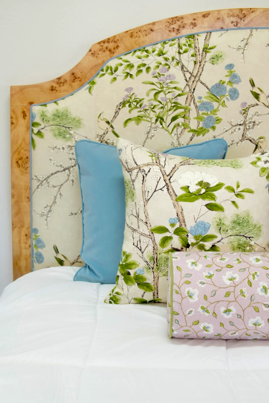 65"H Mappa Burlwood King Bed - Upholstered in Katsura Thibaut Fabric - Blue Trim - Image 15
