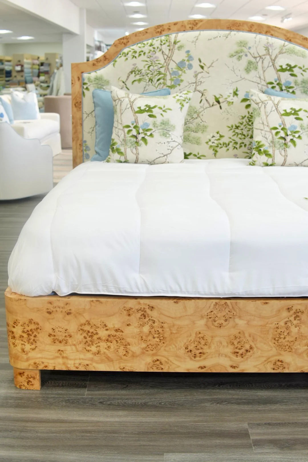 65"H Mappa Burlwood King Bed - Upholstered in Katsura Thibaut Fabric - Blue Trim - Image 7
