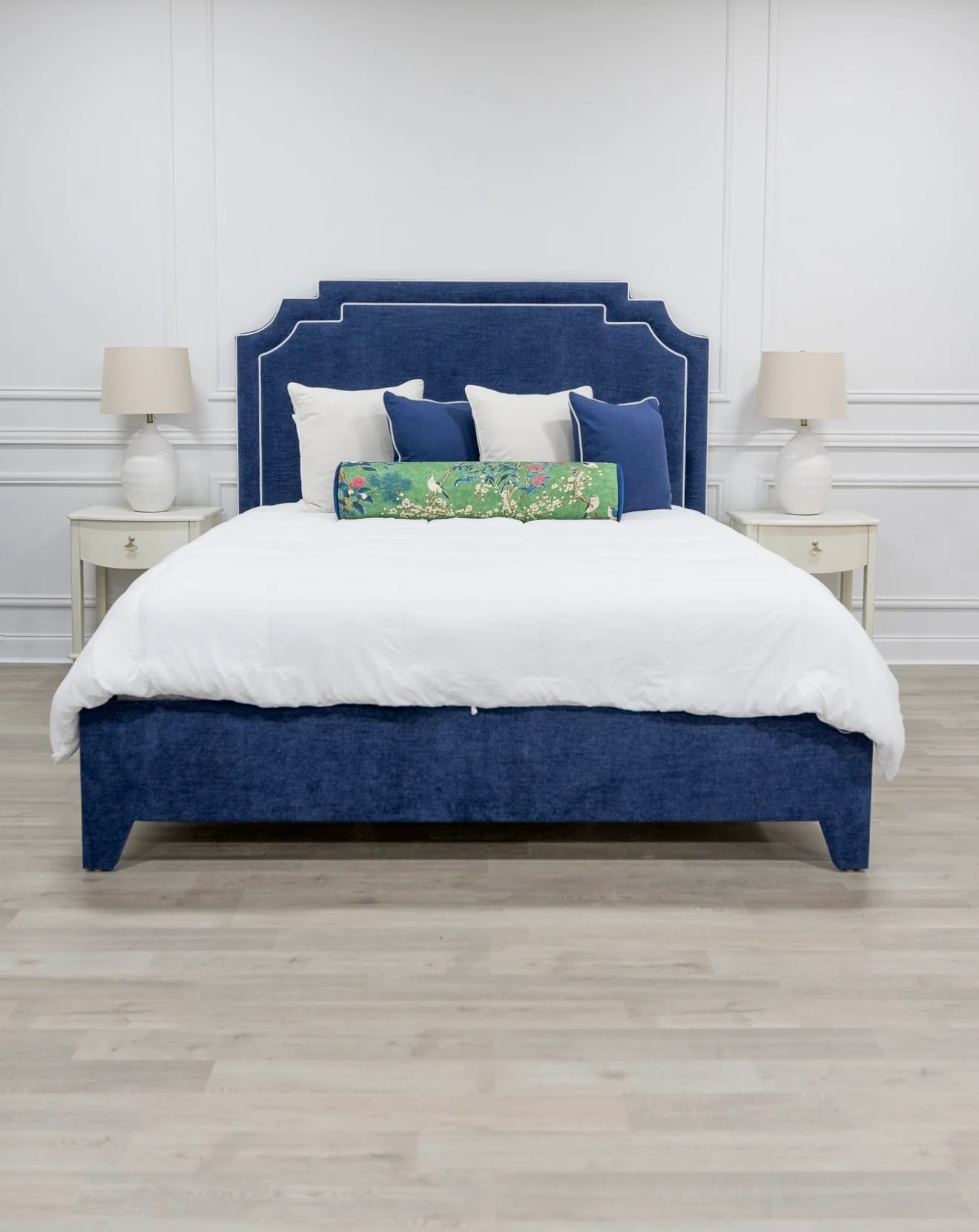 65"H Martha King Platform Bed - Upholstered Legs - Crypton Navy Blue Fabric - White Trim - Image 4