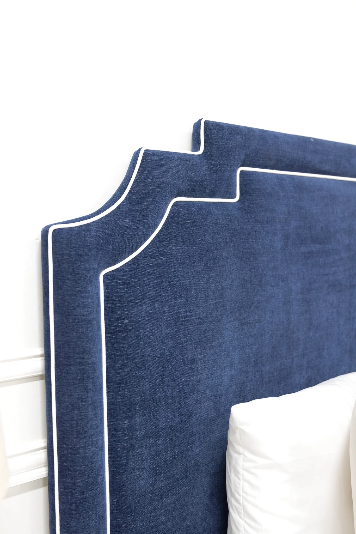 65"H Martha King Platform Bed - Upholstered Legs - Crypton Navy Blue Fabric - White Trim - Image 6