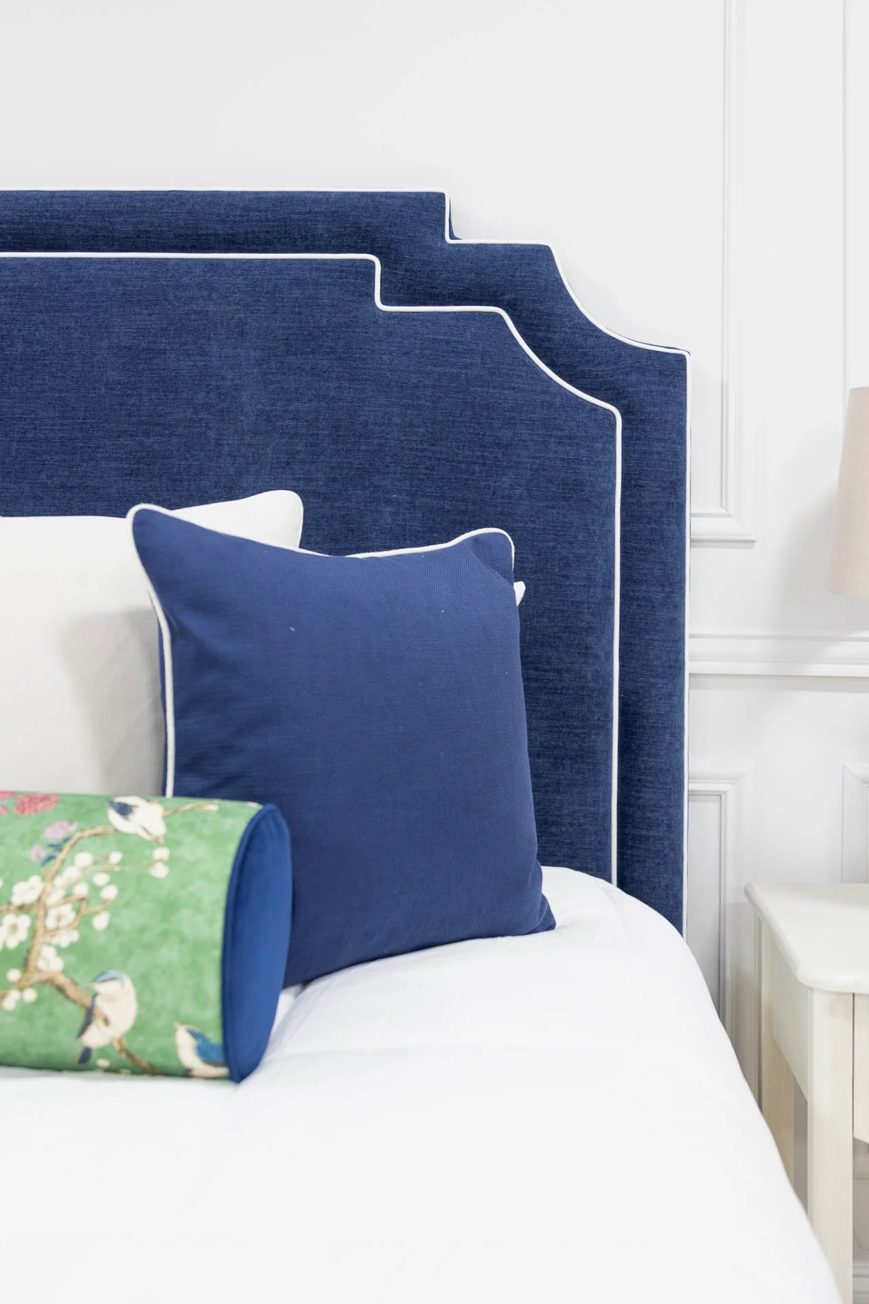 65"H Martha King Platform Bed - Upholstered Legs - Crypton Navy Blue Fabric - White Trim - Image 7