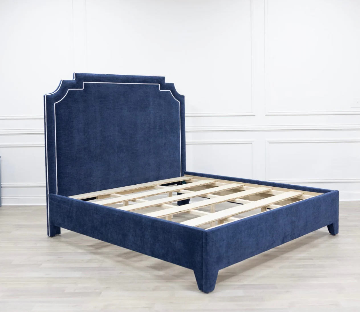 65"H Martha King Platform Bed - Upholstered Legs - Crypton Navy Blue Fabric - White Trim - Image 9