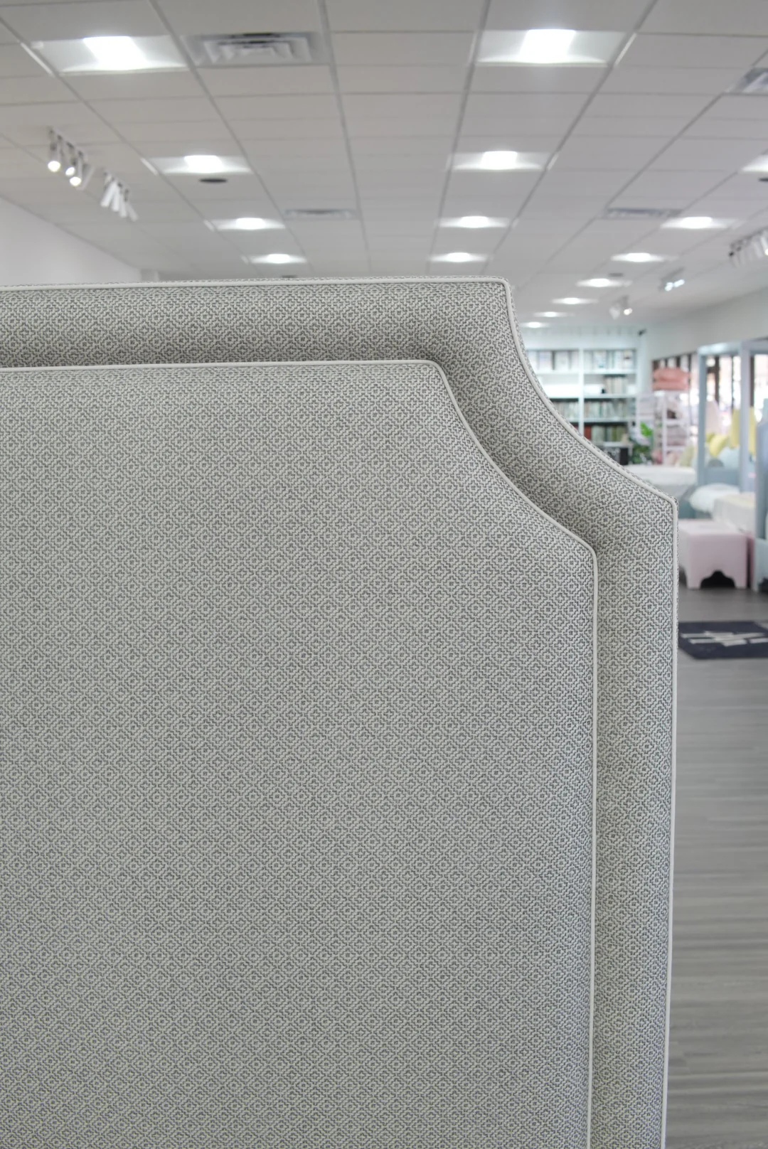 65"H Queen Bed - Geometric Grey Fabric with White Trim - Image 8