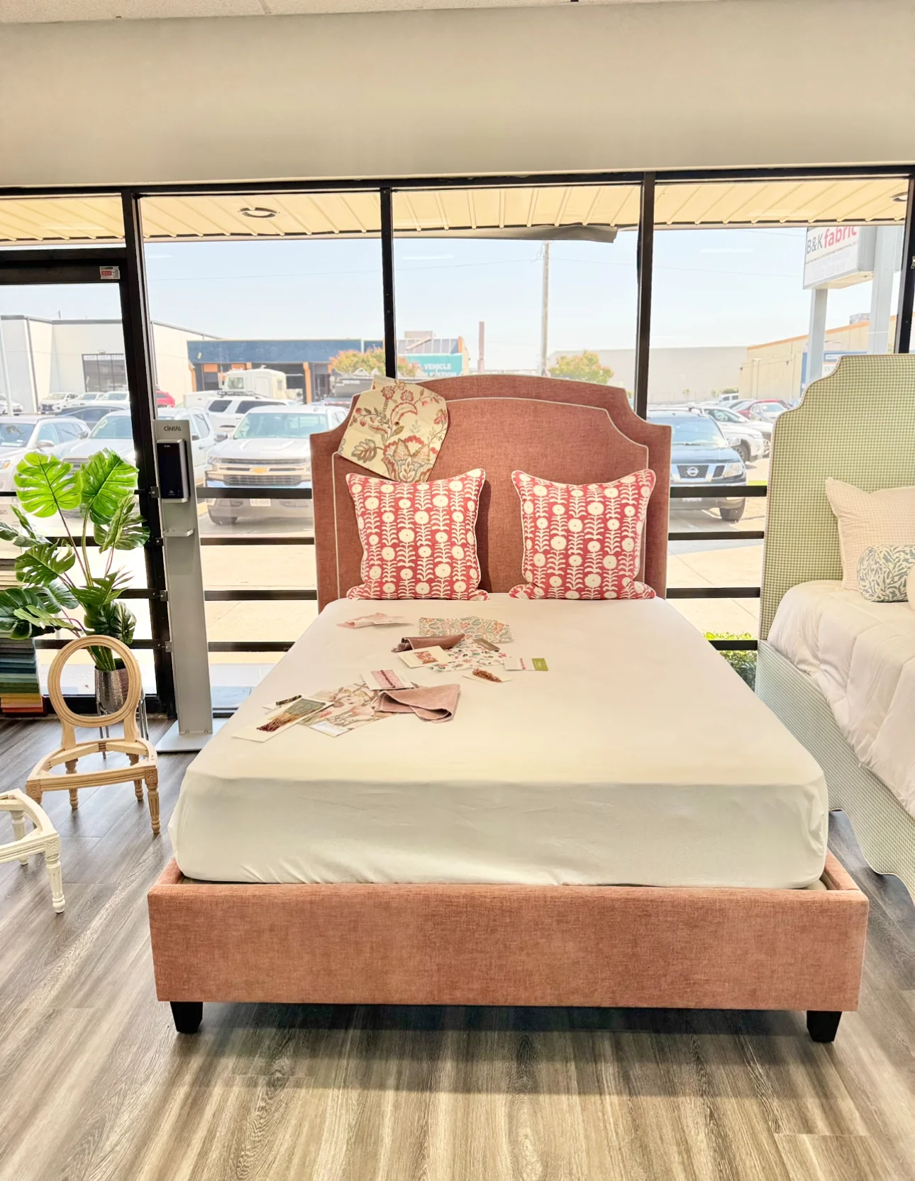 65"H Queen Upholstered Platform Bed - Brown Wooden Legs- Petal Pink Chenille Fabric with White Trim - Image 4