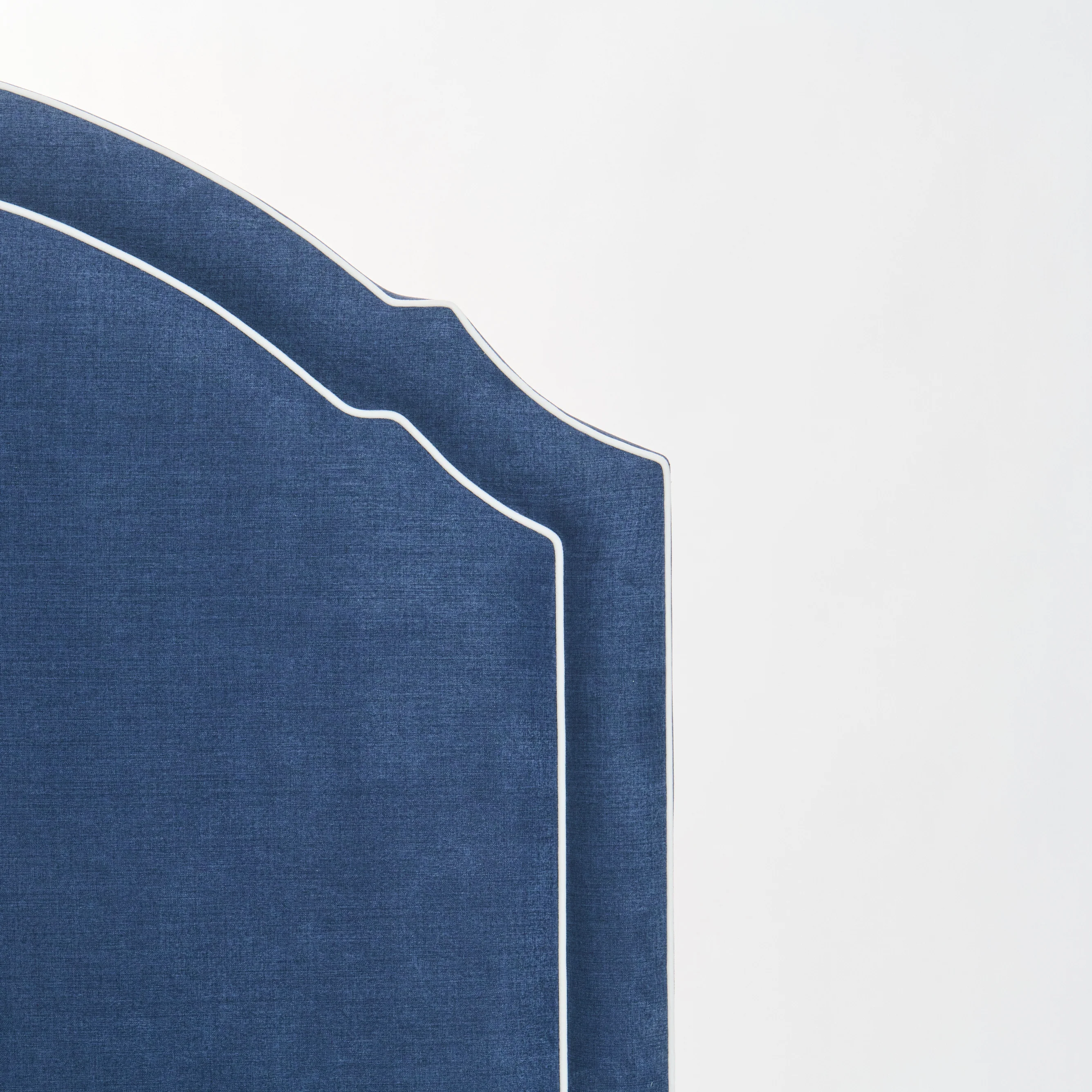 65"H Queen Upholstered Platform Bed - Scalloped Legs - Navy Woven Fabric with White Trim - Image 8