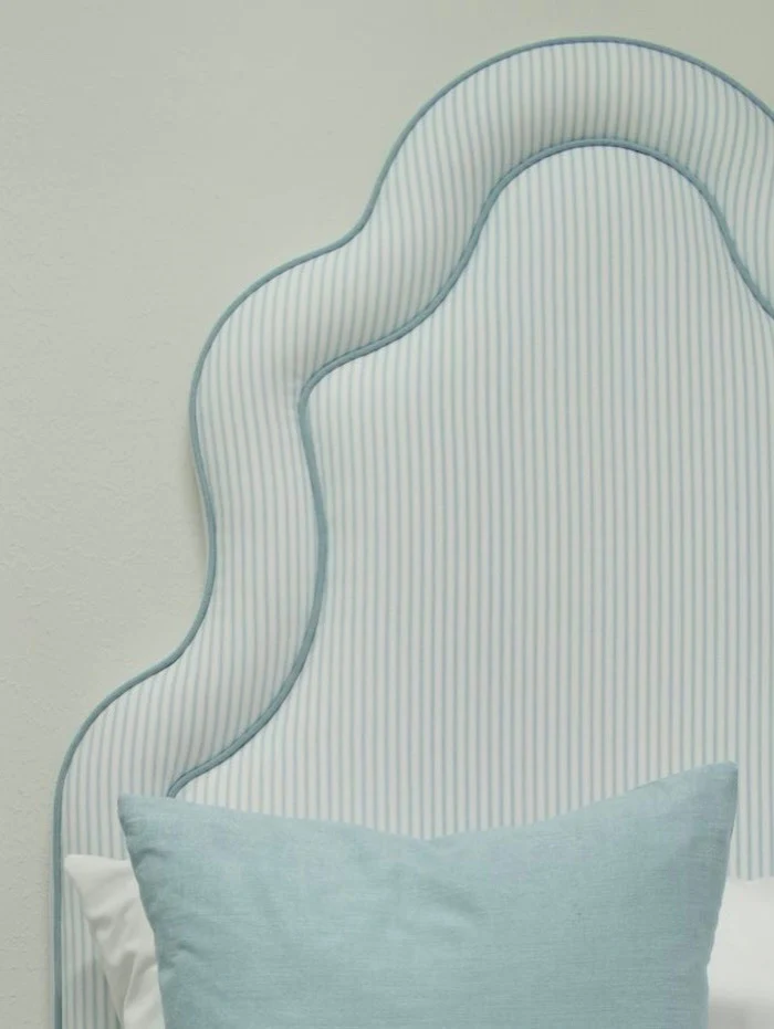 70”H Twin Headboard - Classic Blue Striped Fabric with Sky Blue Trim - Image 2