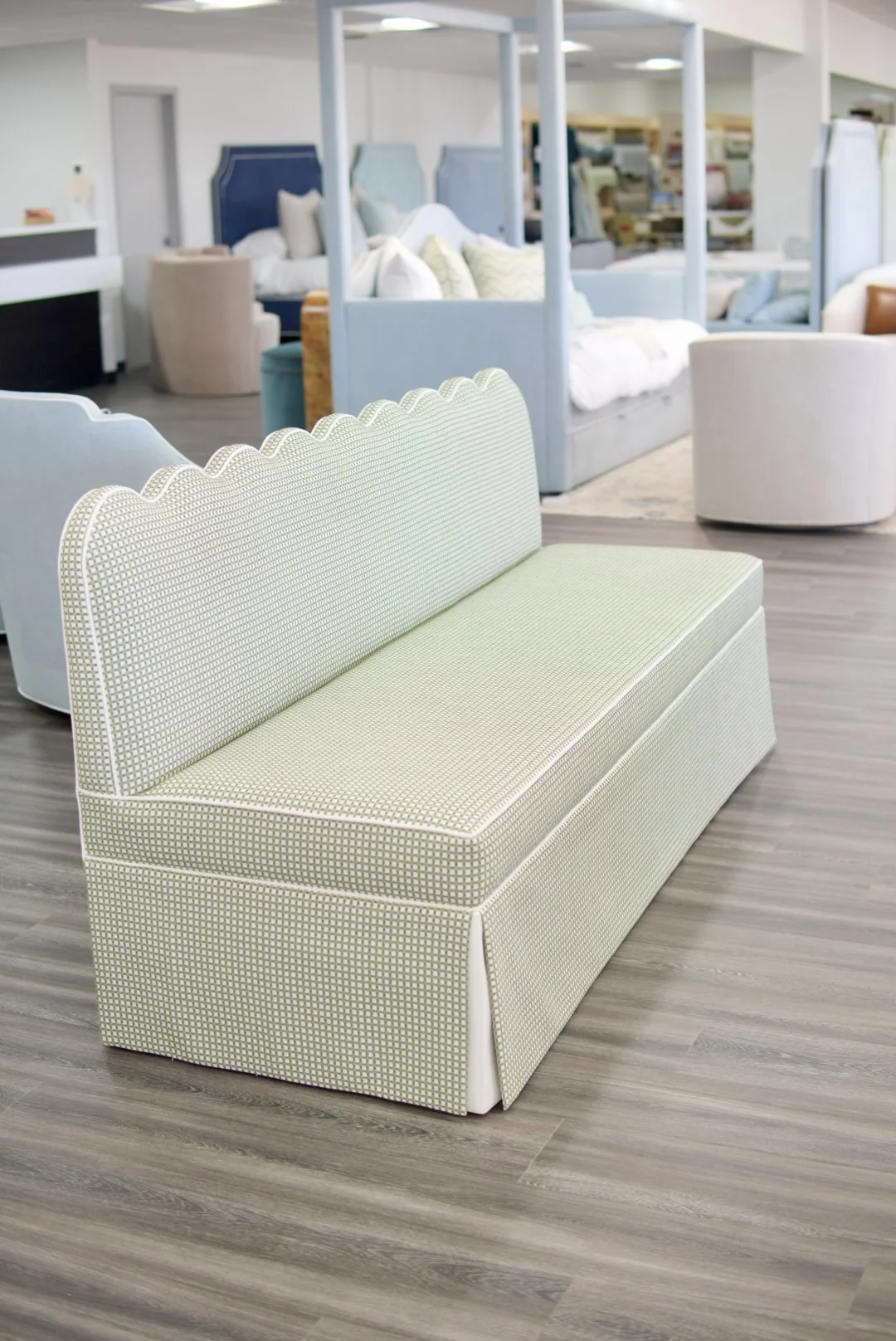 76"L Custom Scalloped Banquette in Darcy Fabric from Thibaut - Modern Upholstered Dining Banquette with Pleated Skirt - Image 2