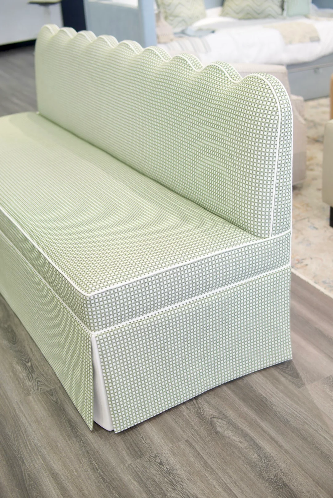 76"L Custom Scalloped Banquette in Darcy Fabric from Thibaut - Modern Upholstered Dining Banquette with Pleated Skirt - Image 5