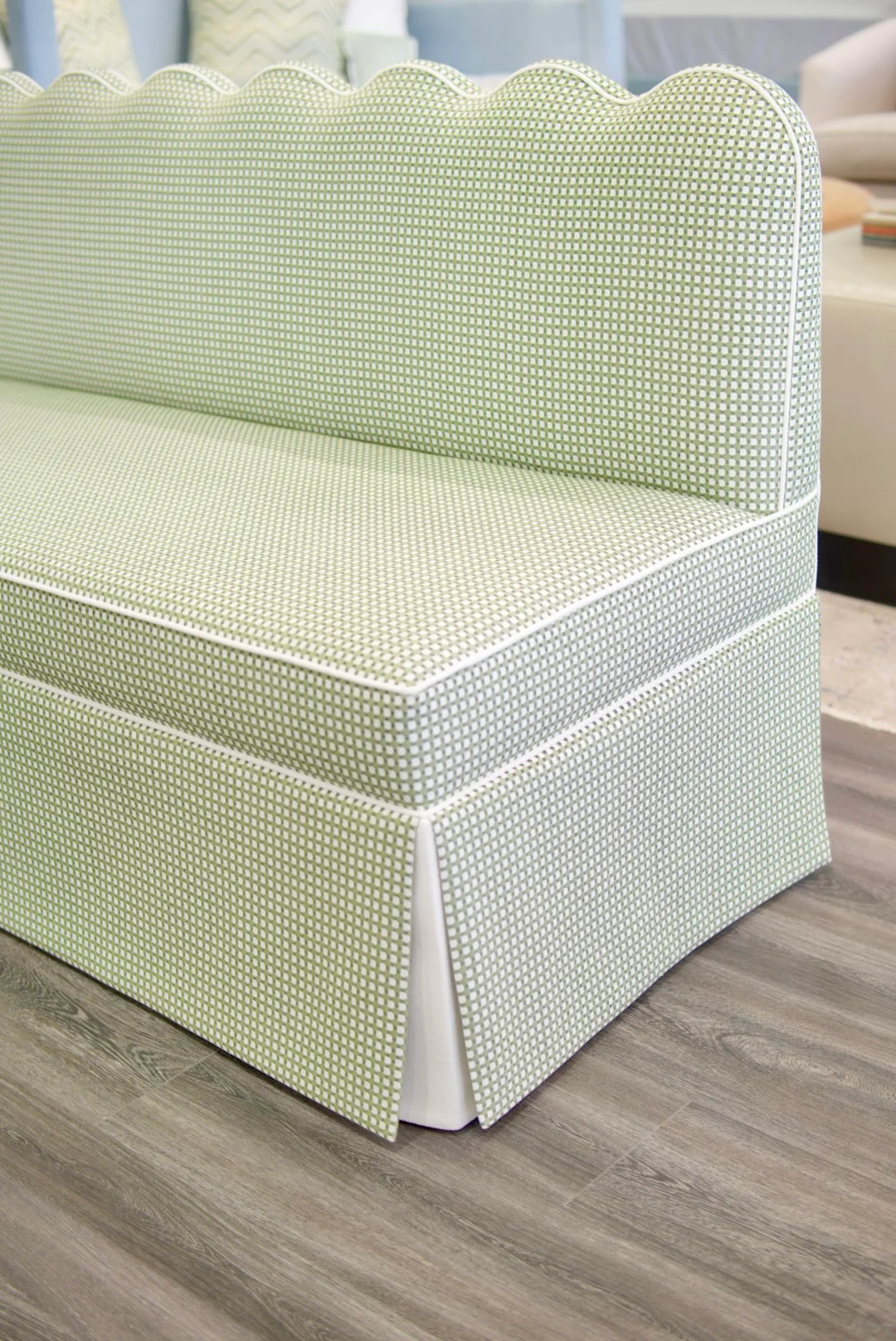 76"L Custom Scalloped Banquette in Darcy Fabric from Thibaut - Modern Upholstered Dining Banquette with Pleated Skirt - Image 6