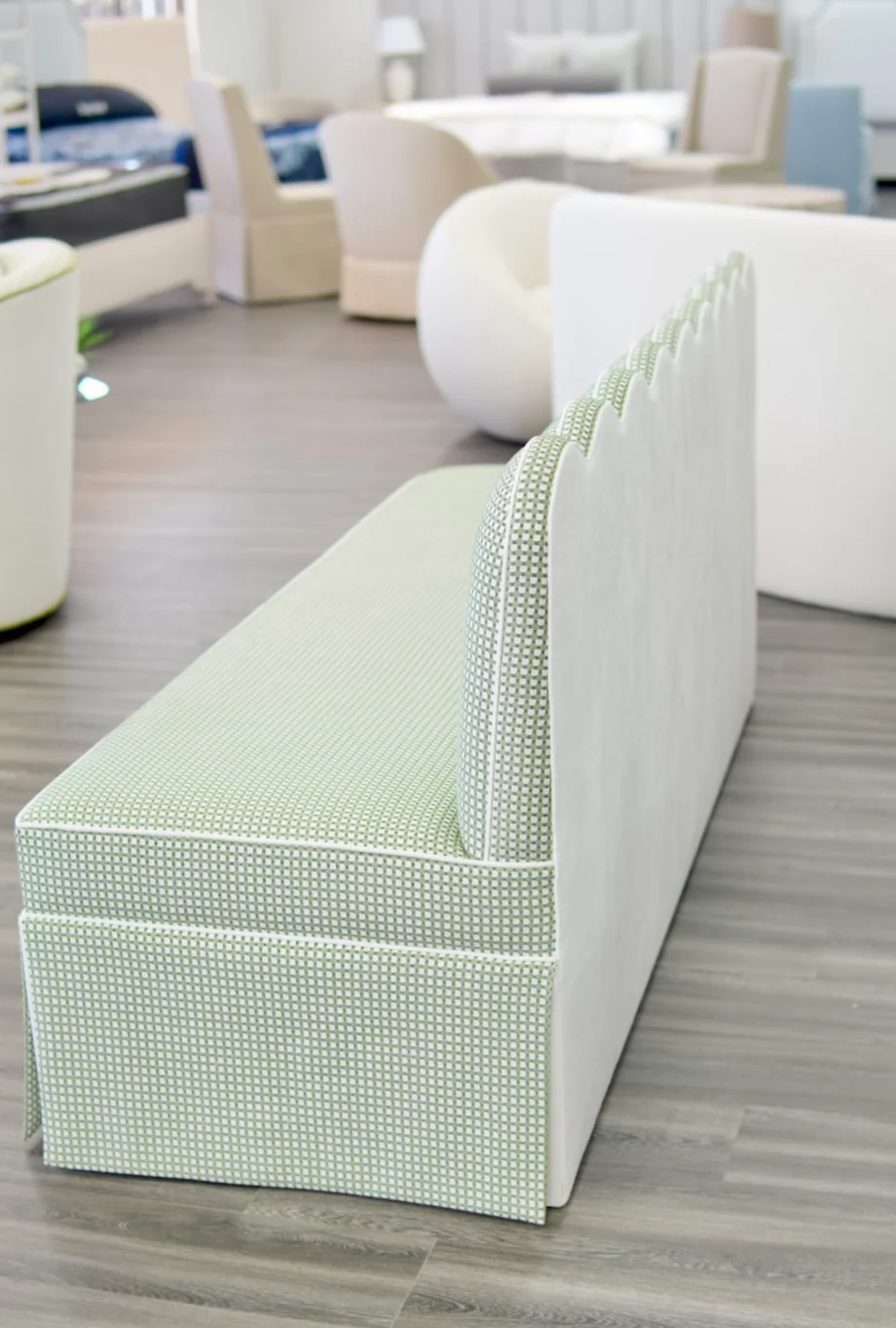 76"L Custom Scalloped Banquette in Darcy Fabric from Thibaut - Modern Upholstered Dining Banquette with Pleated Skirt - Image 8