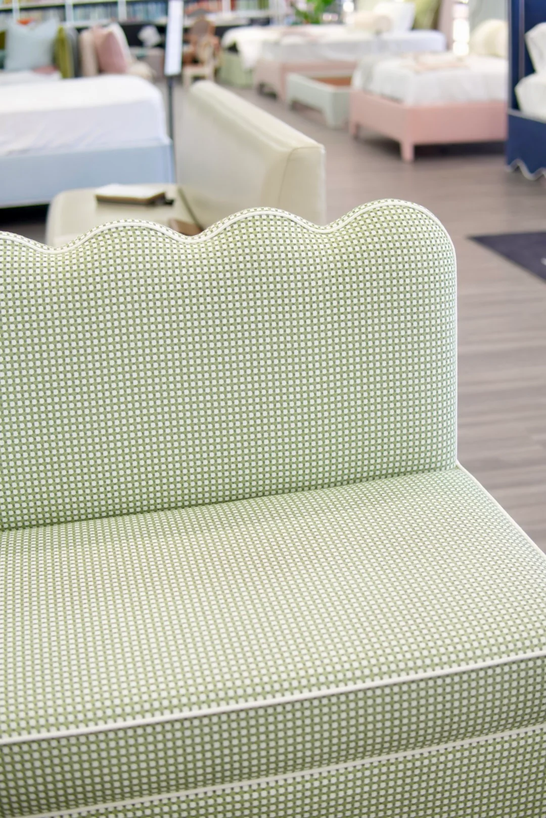 76"L Custom Scalloped Banquette in Darcy Fabric from Thibaut - Modern Upholstered Dining Banquette with Pleated Skirt - Image 9