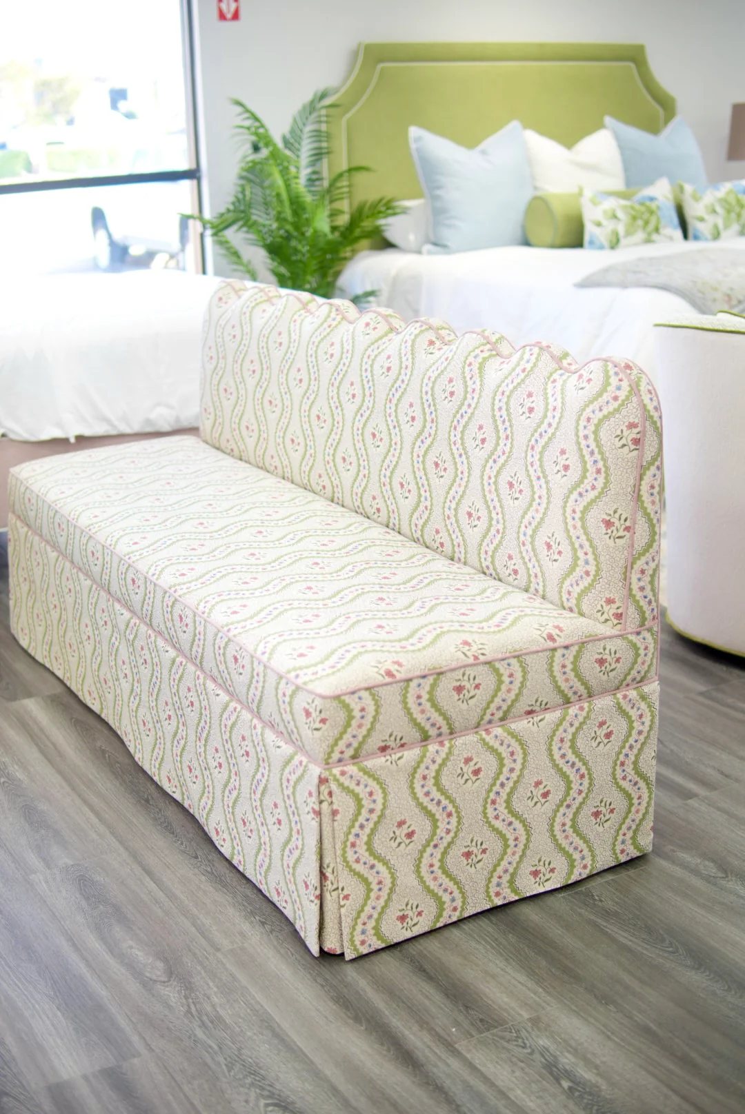 76"L Custom Scalloped Banquette in Natural Luxury Linen - Modern Upholstered Dining Banquette with Pleated Skirt - Image 2