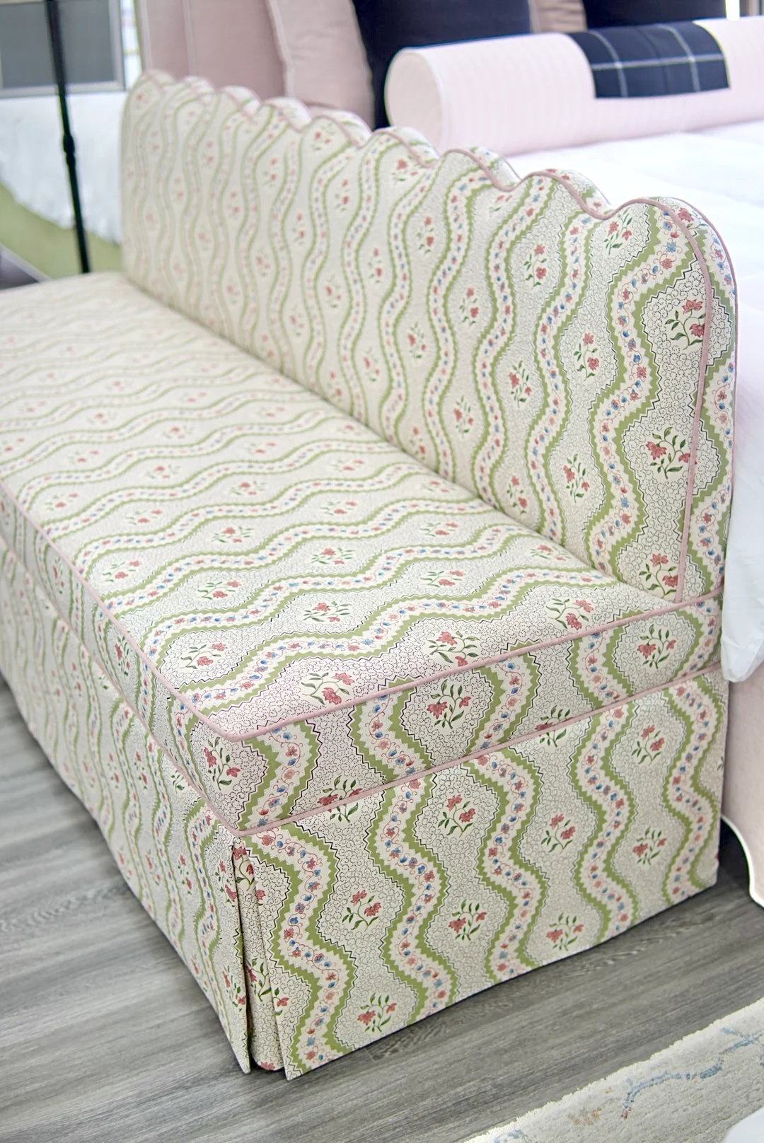 76"L Custom Scalloped Banquette in Natural Luxury Linen - Modern Upholstered Dining Banquette with Pleated Skirt - Image 5