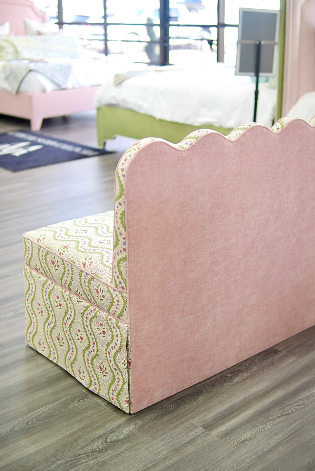 76"L Custom Scalloped Banquette in Natural Luxury Linen - Modern Upholstered Dining Banquette with Pleated Skirt - Image 8