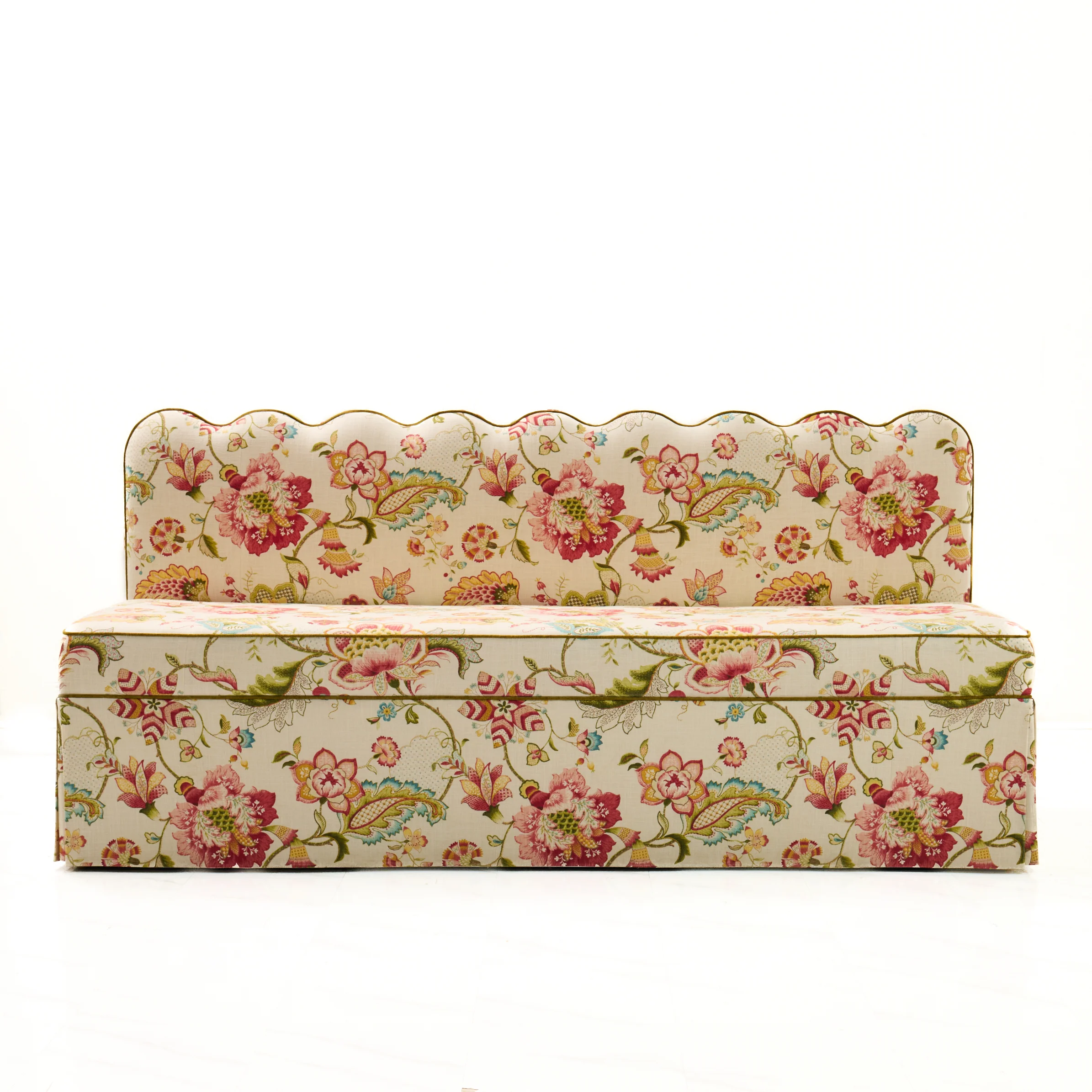 76"L Custom Scalloped Banquette in Ophelia Blossom - Modern Upholstered Dining Banquette with Pleated Skirt