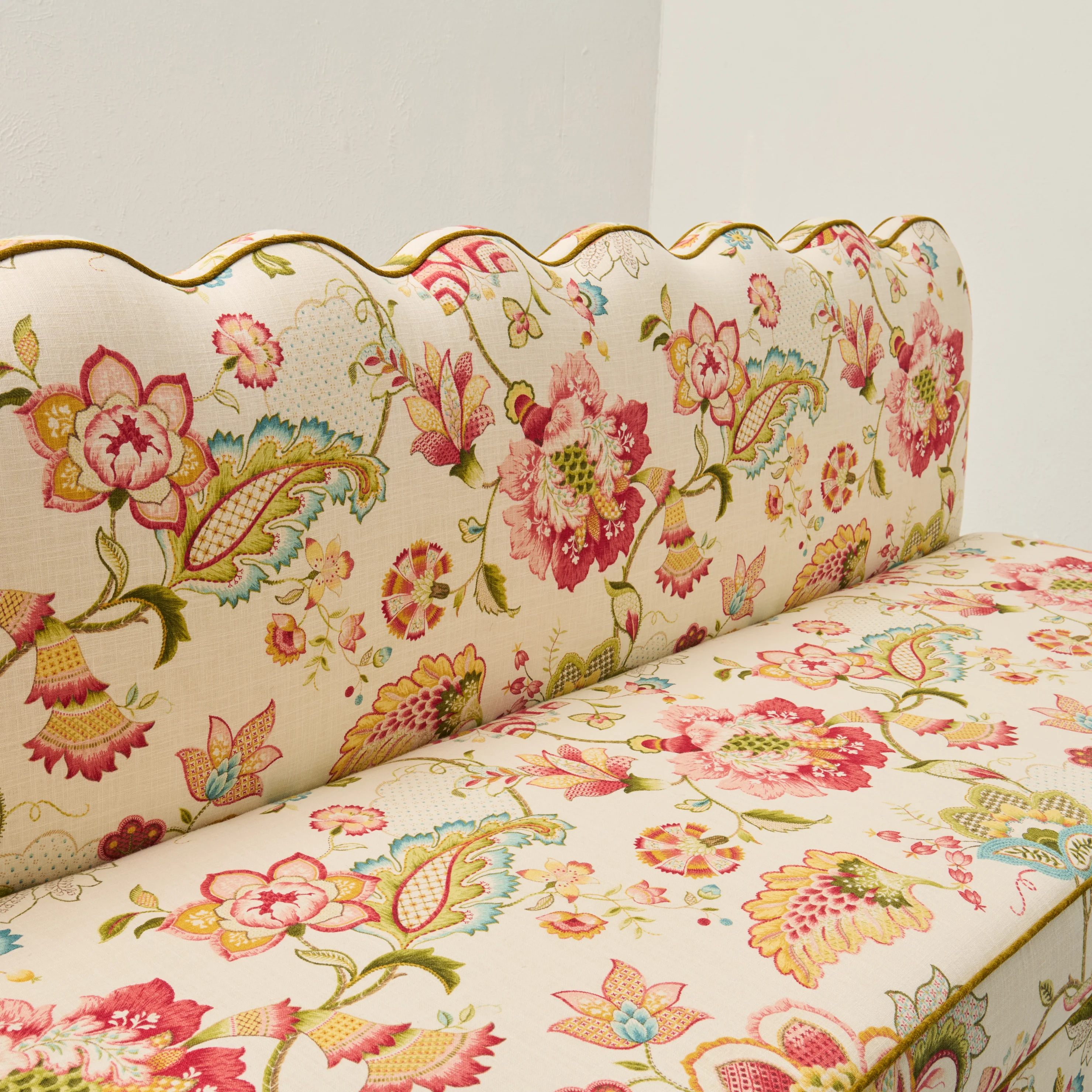 76"L Custom Scalloped Banquette in Ophelia Blossom - Modern Upholstered Dining Banquette with Pleated Skirt - Image 10