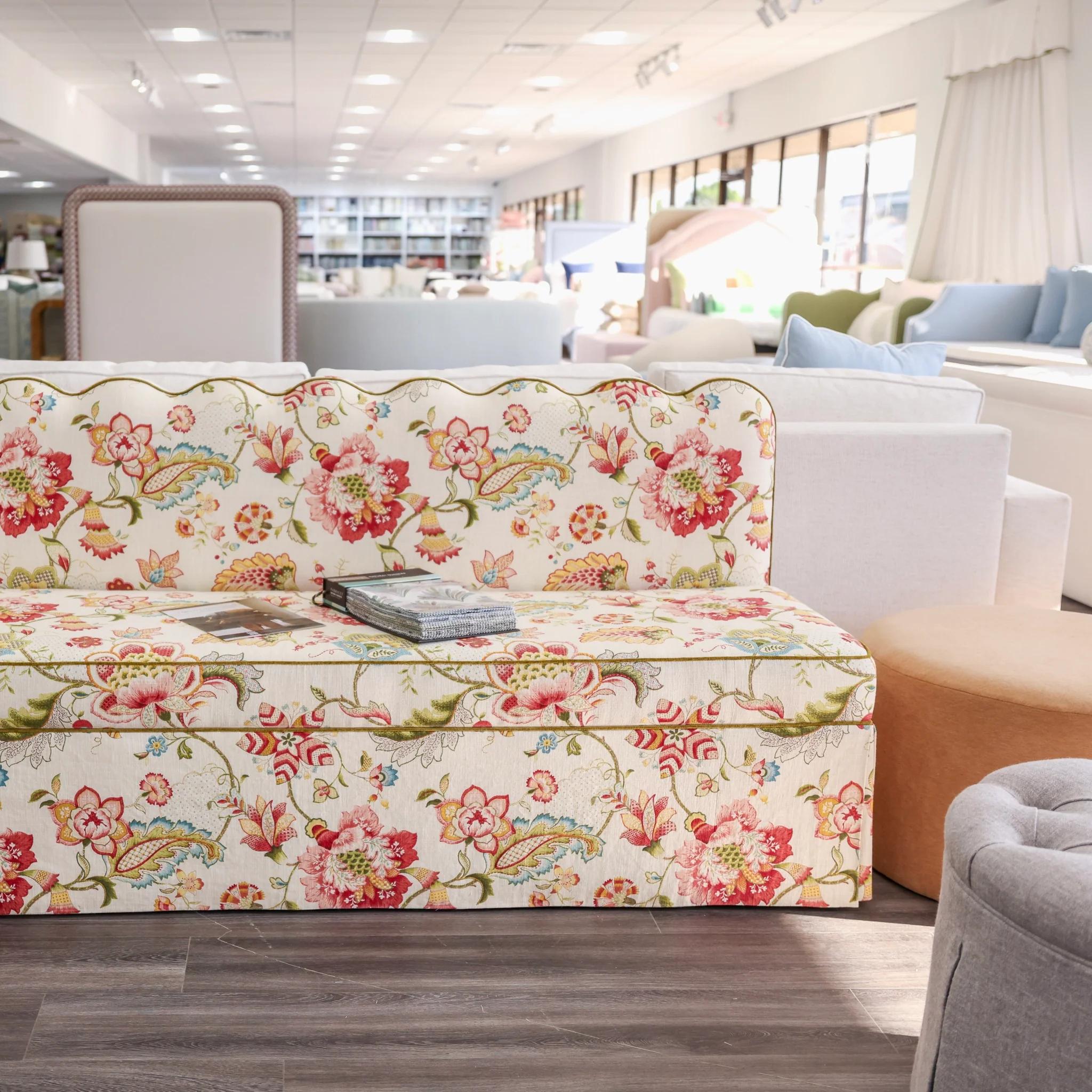 76"L Custom Scalloped Banquette in Ophelia Blossom - Modern Upholstered Dining Banquette with Pleated Skirt - Image 2