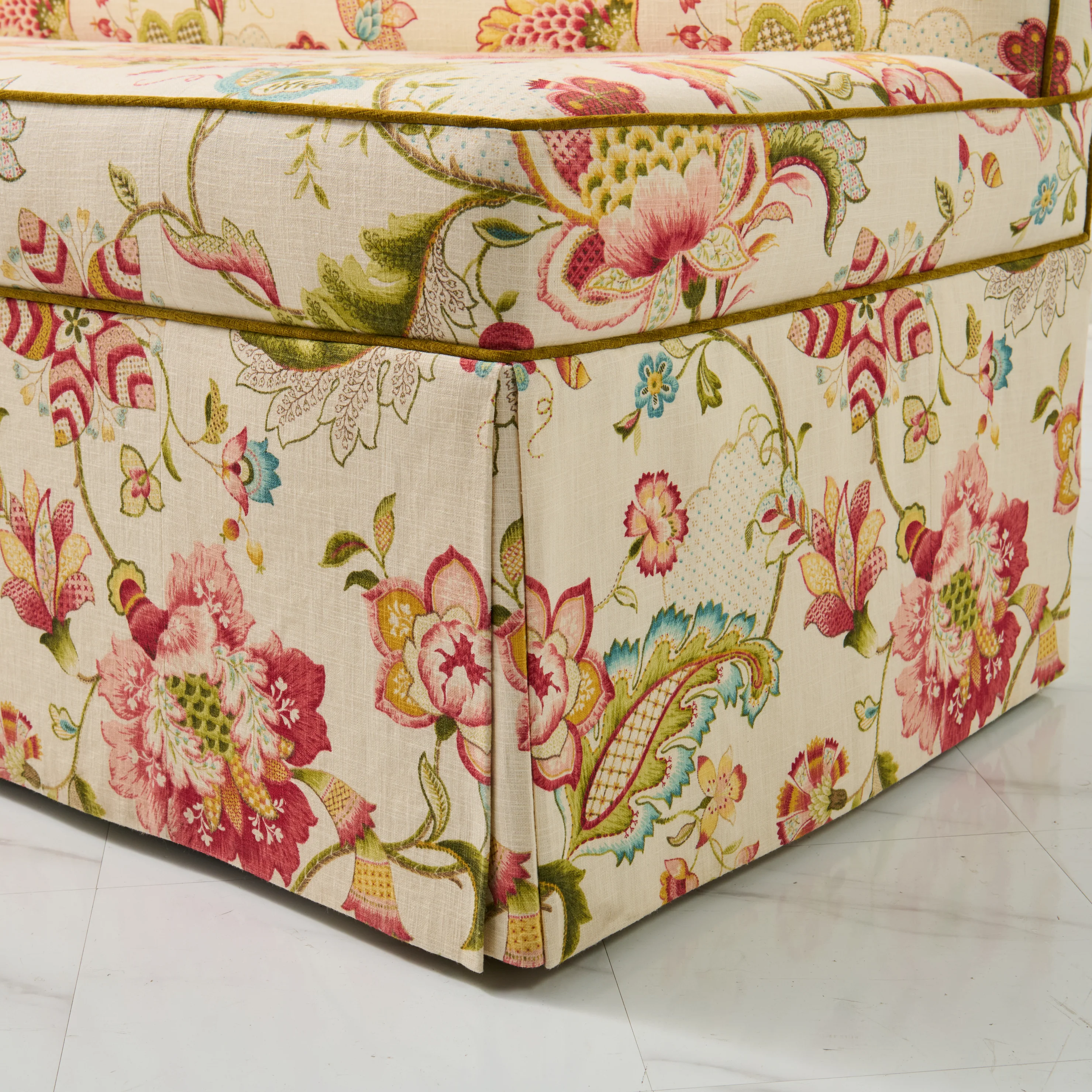 76"L Custom Scalloped Banquette in Ophelia Blossom - Modern Upholstered Dining Banquette with Pleated Skirt - Image 3