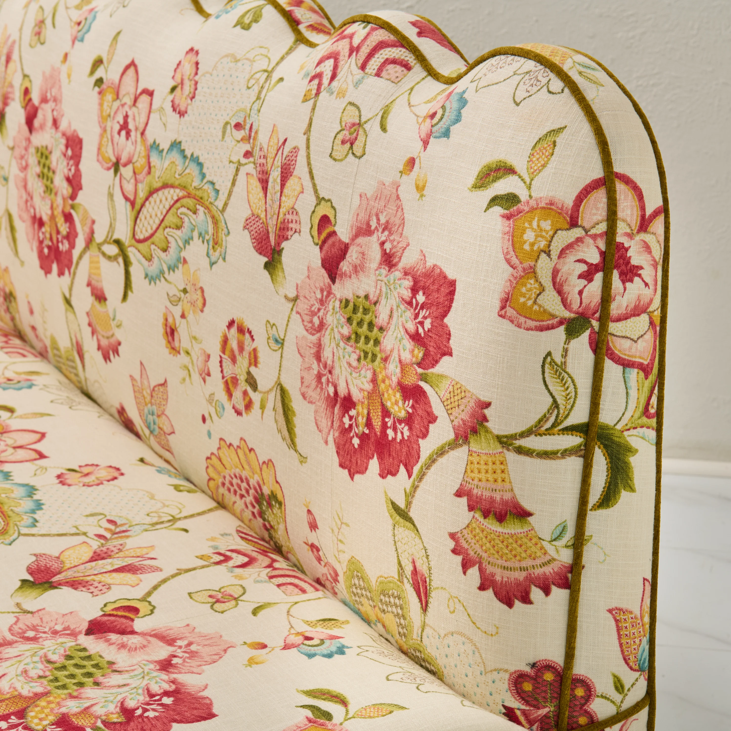 76"L Custom Scalloped Banquette in Ophelia Blossom - Modern Upholstered Dining Banquette with Pleated Skirt - Image 4