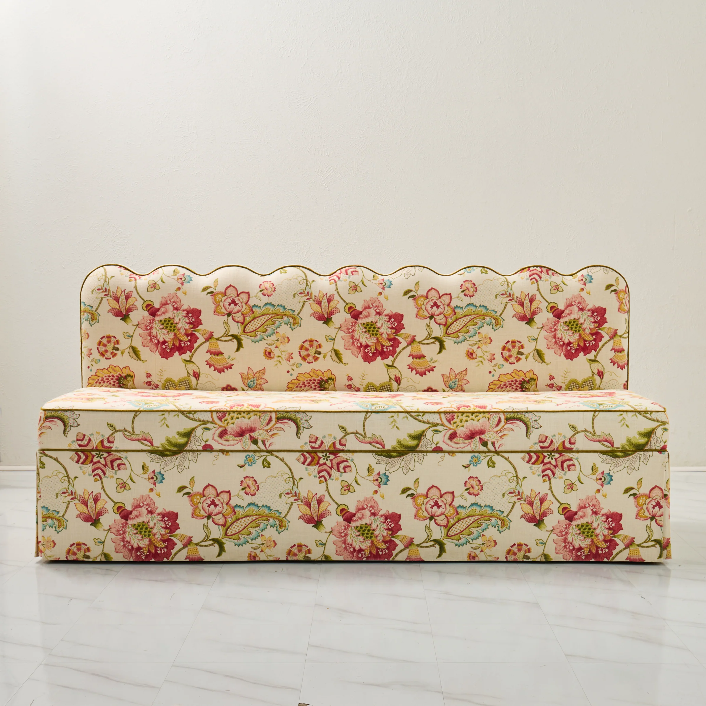 76"L Custom Scalloped Banquette in Ophelia Blossom - Modern Upholstered Dining Banquette with Pleated Skirt - Image 6