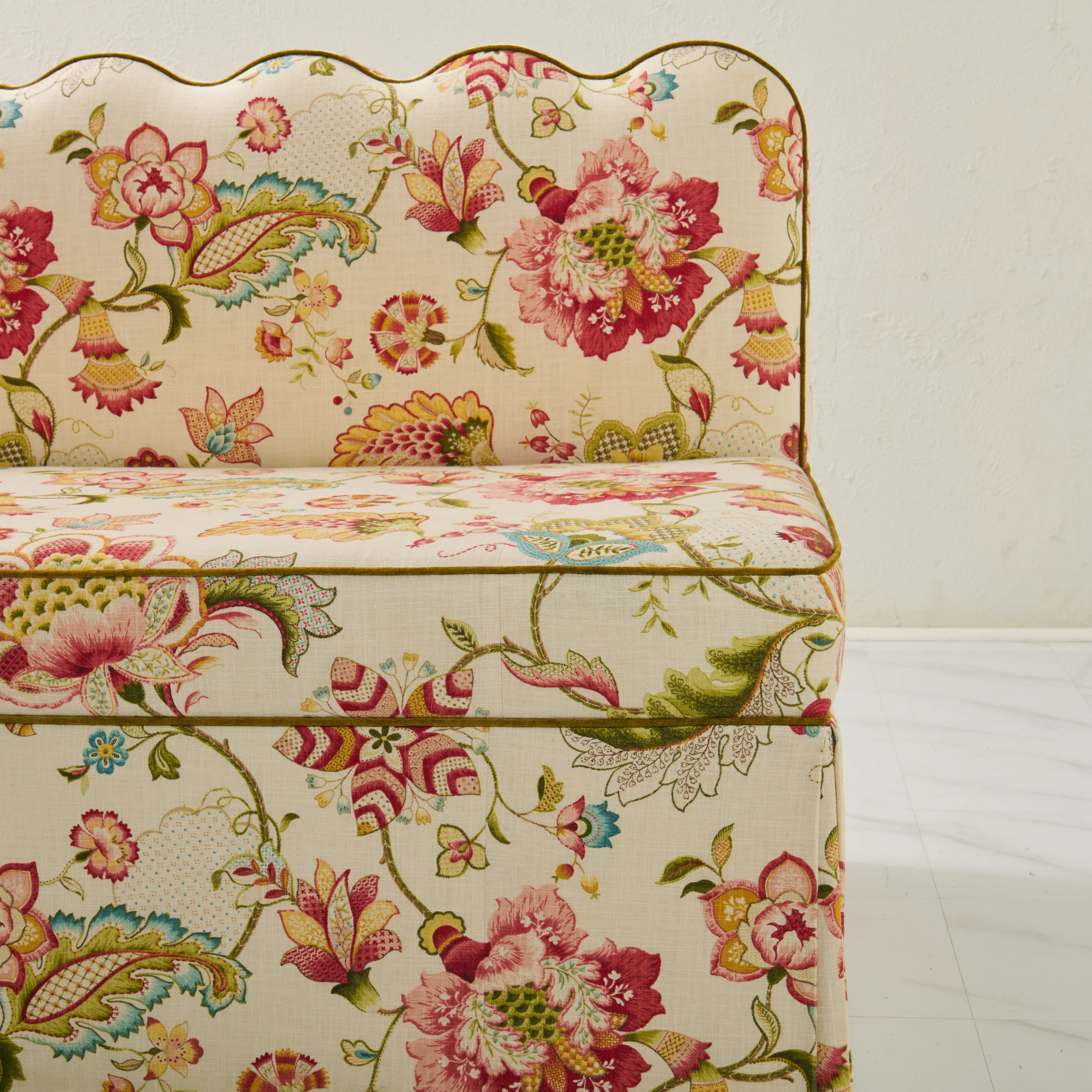 76"L Custom Scalloped Banquette in Ophelia Blossom - Modern Upholstered Dining Banquette with Pleated Skirt - Image 7