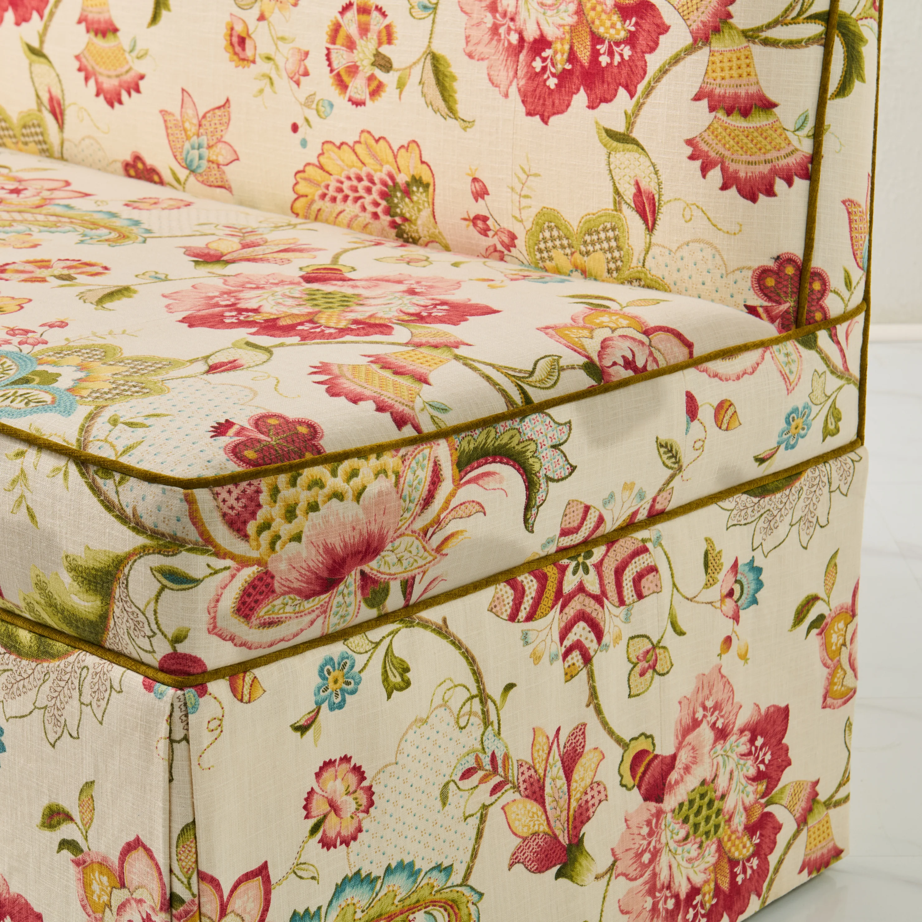 76"L Custom Scalloped Banquette in Ophelia Blossom - Modern Upholstered Dining Banquette with Pleated Skirt - Image 9