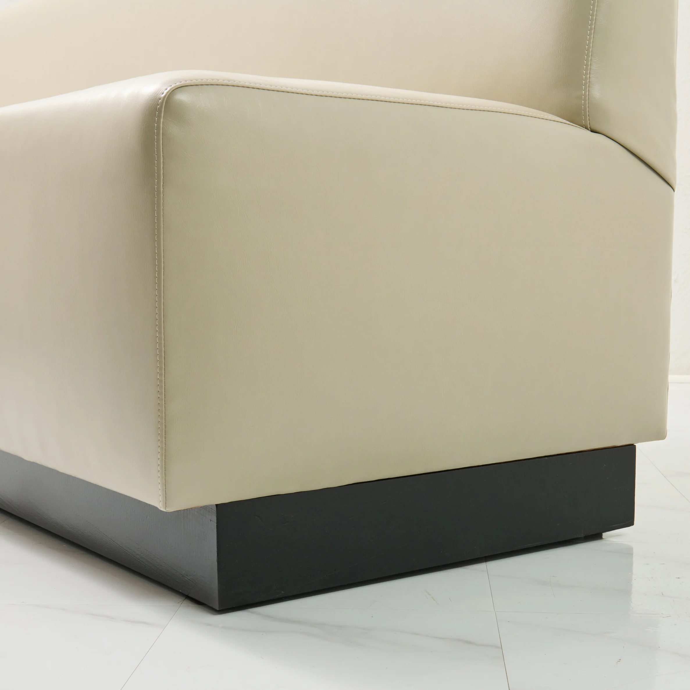 84"L Custom Banquette in Faux Leather - Modern Upholstered Dining bench with Wooden Stained Base - Image 3