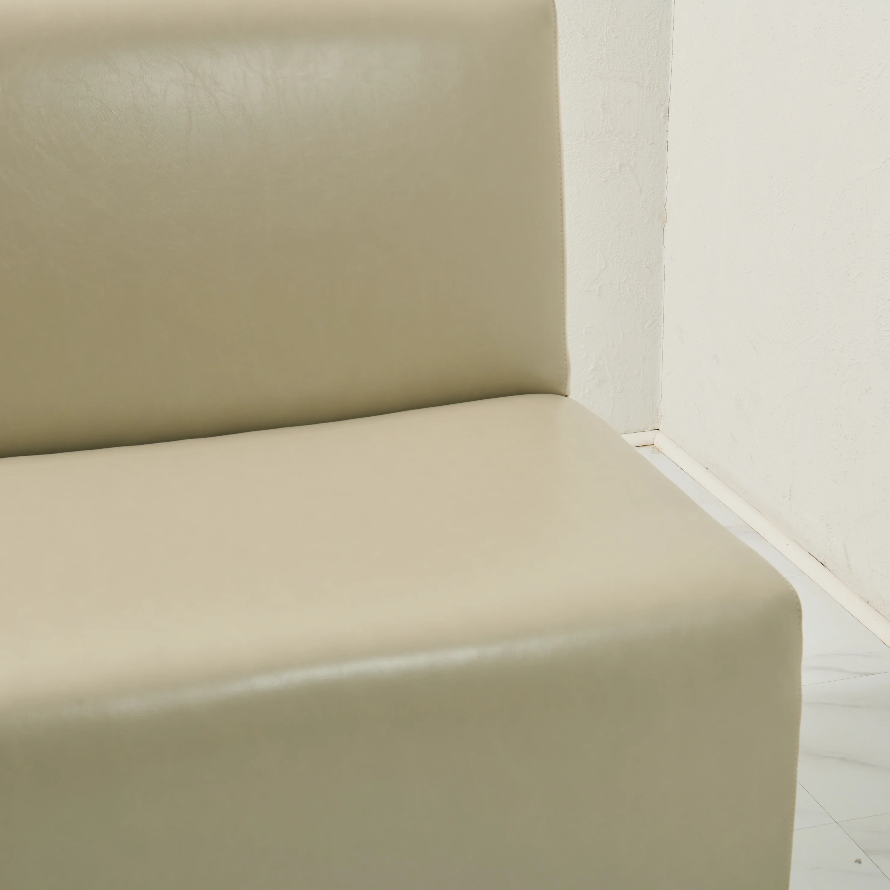 84"L Custom Banquette in Faux Leather - Modern Upholstered Dining bench with Wooden Stained Base - Image 4