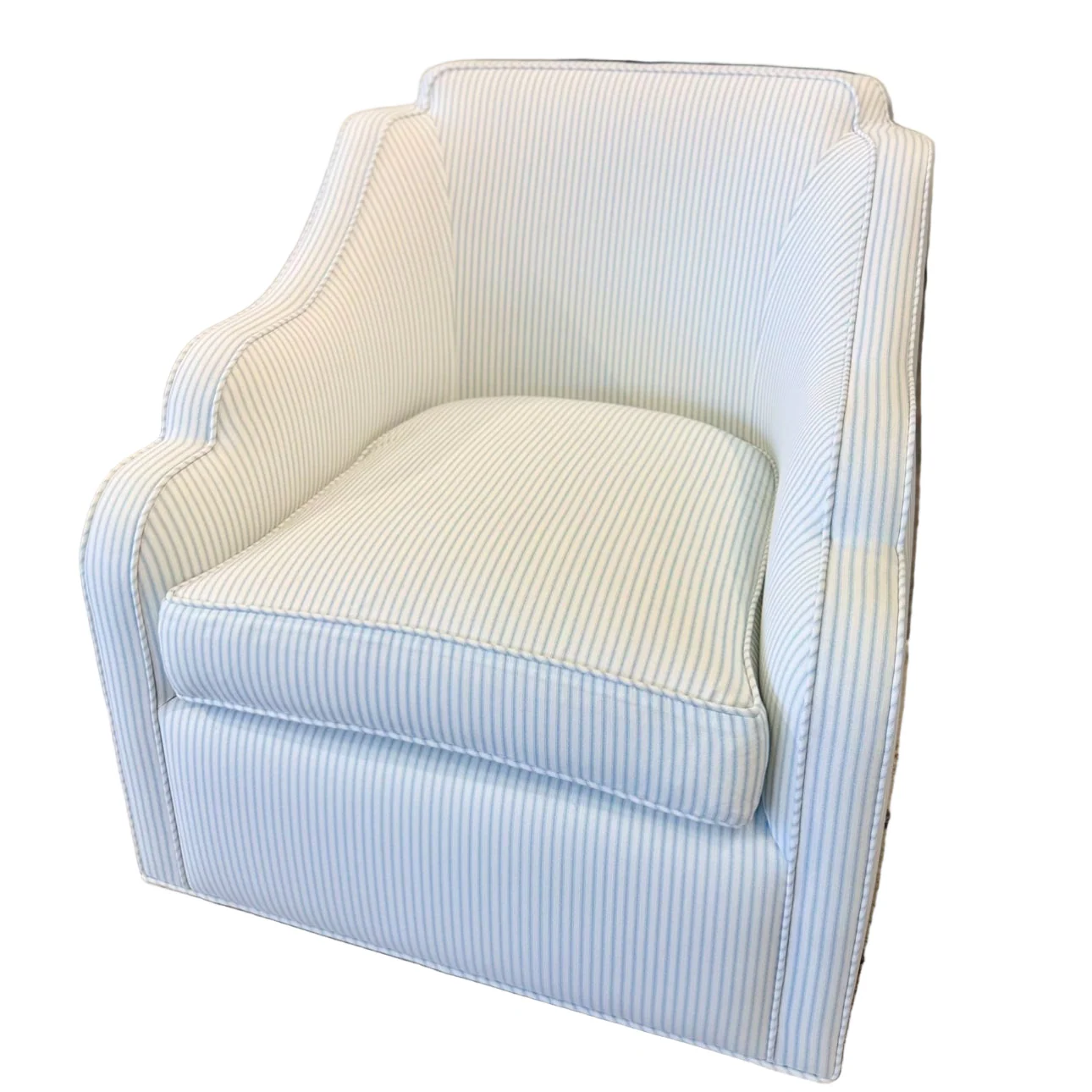 Custom Scalloped Swivel Chair: Classic Blue Stripe Fabric