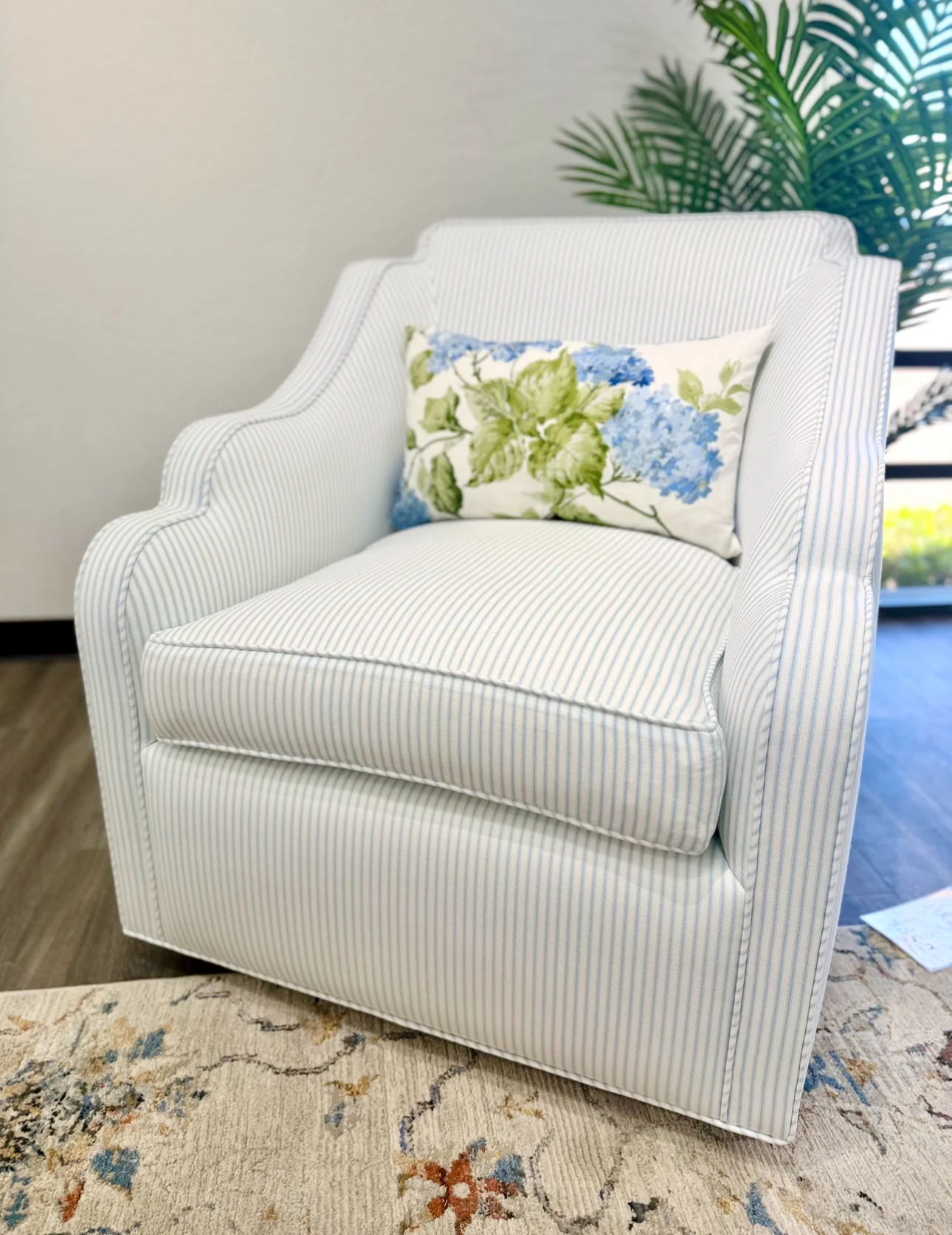 Custom Scalloped Swivel Chair: Classic Blue Stripe Fabric - Image 2