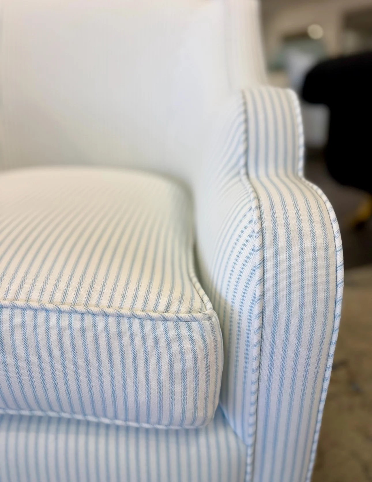 Custom Scalloped Swivel Chair: Classic Blue Stripe Fabric - Image 4