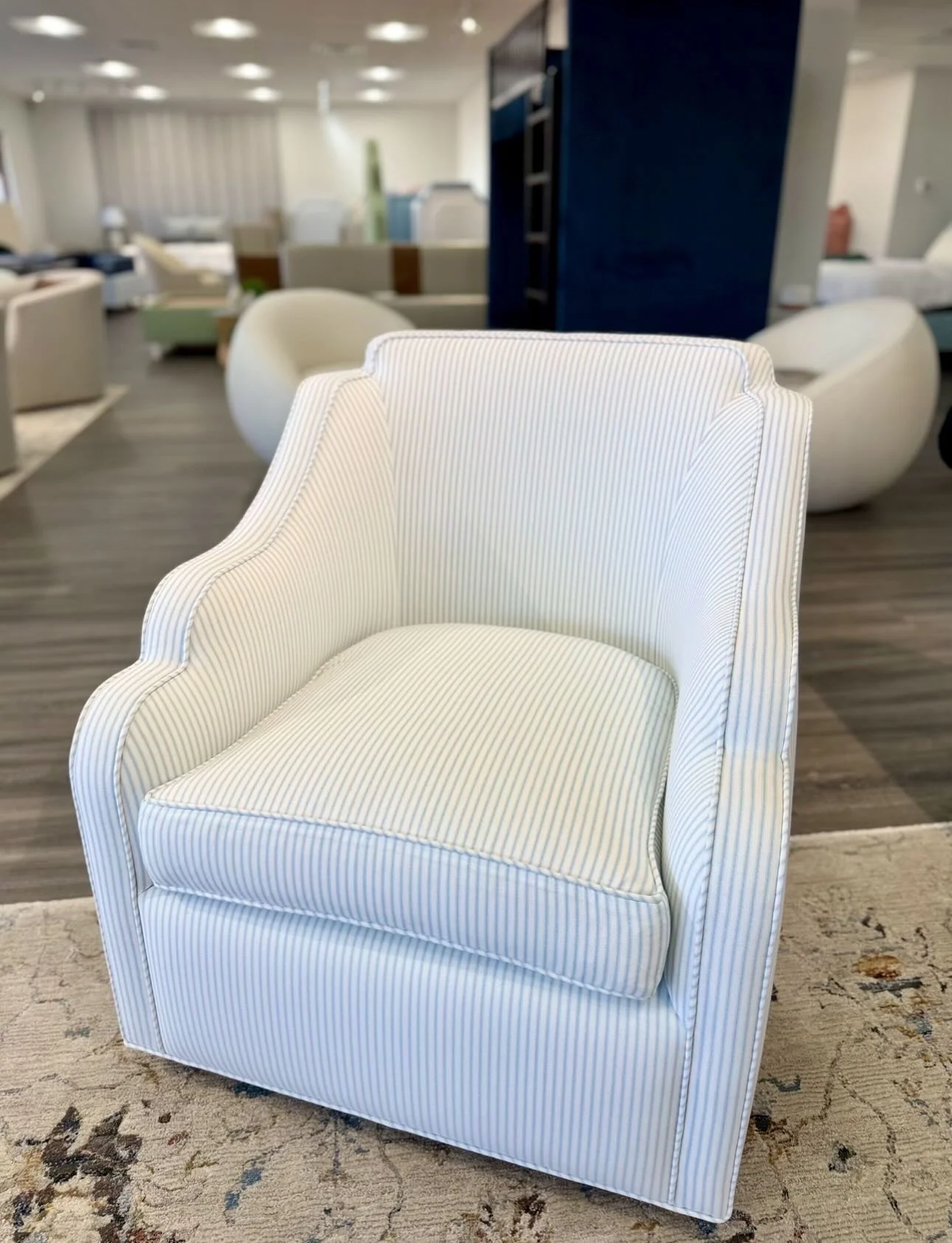 Custom Scalloped Swivel Chair: Classic Blue Stripe Fabric - Image 5