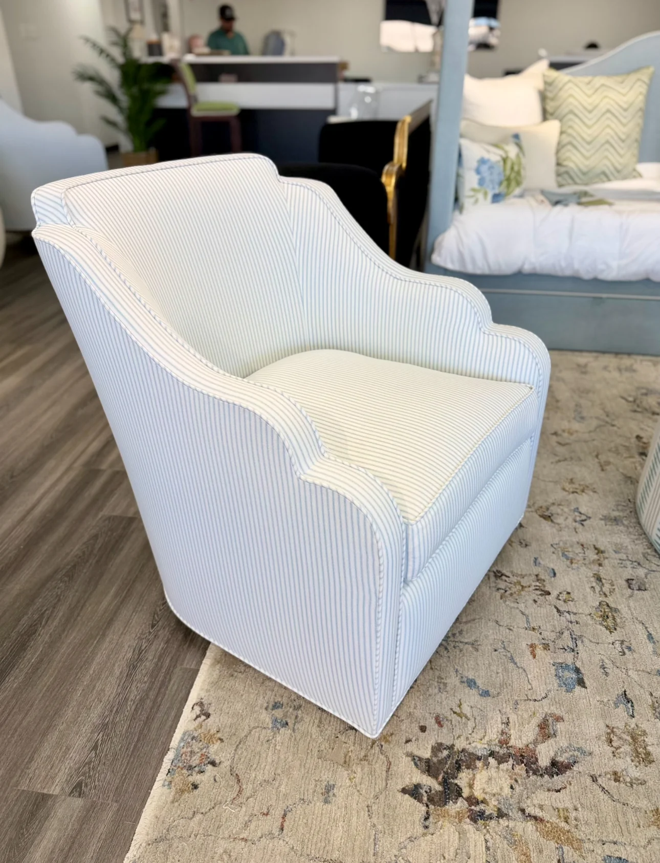 Custom Scalloped Swivel Chair: Classic Blue Stripe Fabric - Image 6
