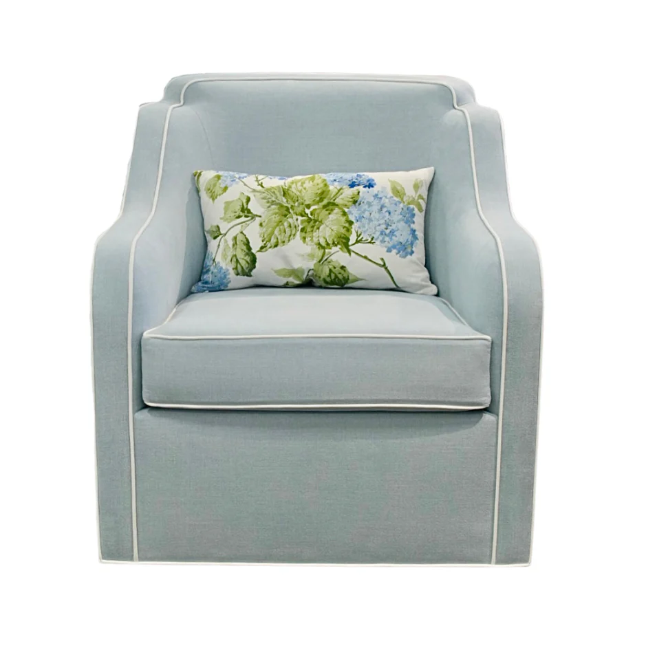 Custom Scalloped Swivel Chair: Sky Blue woven Fabric