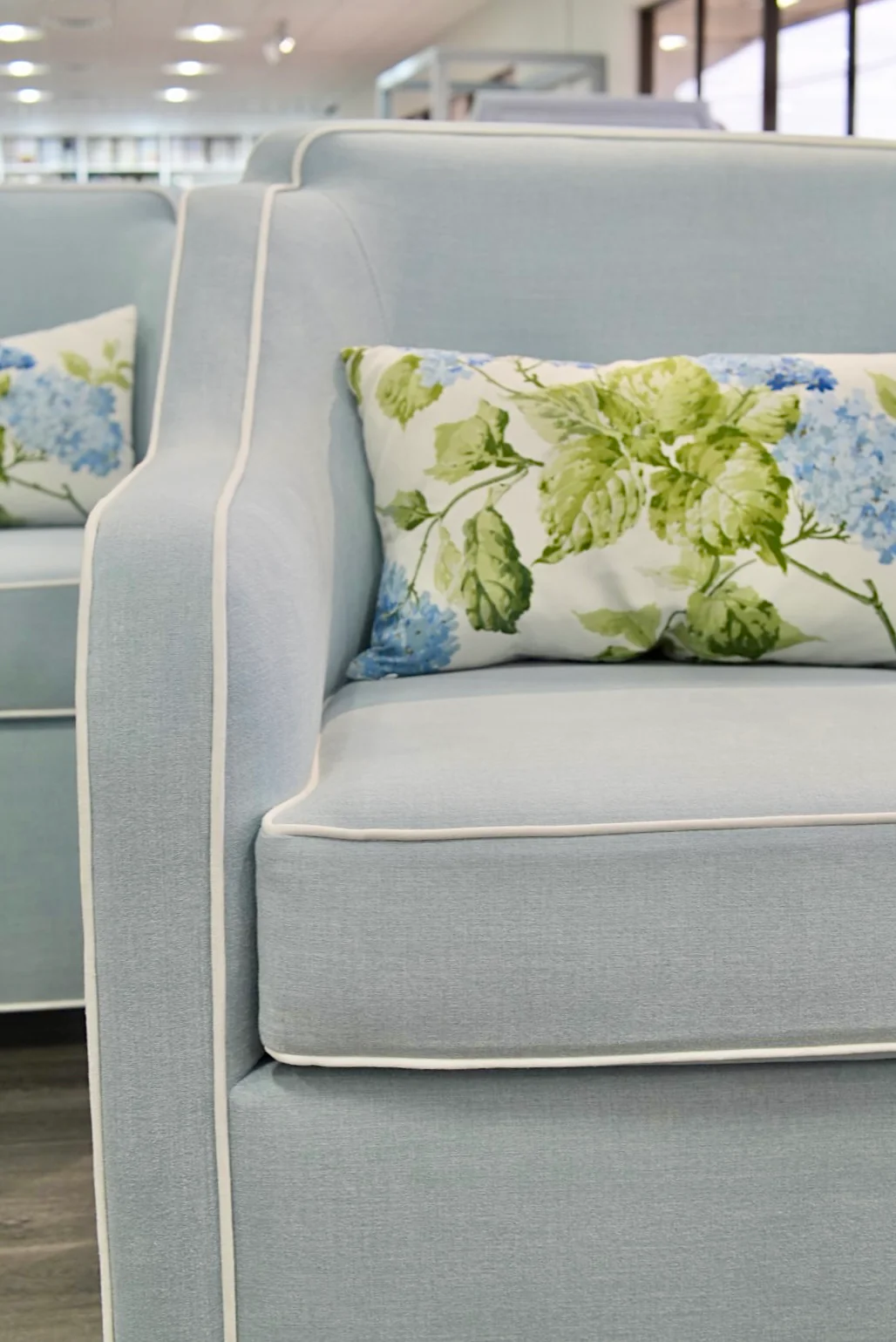 Custom Scalloped Swivel Chair: Sky Blue woven Fabric - Image 5