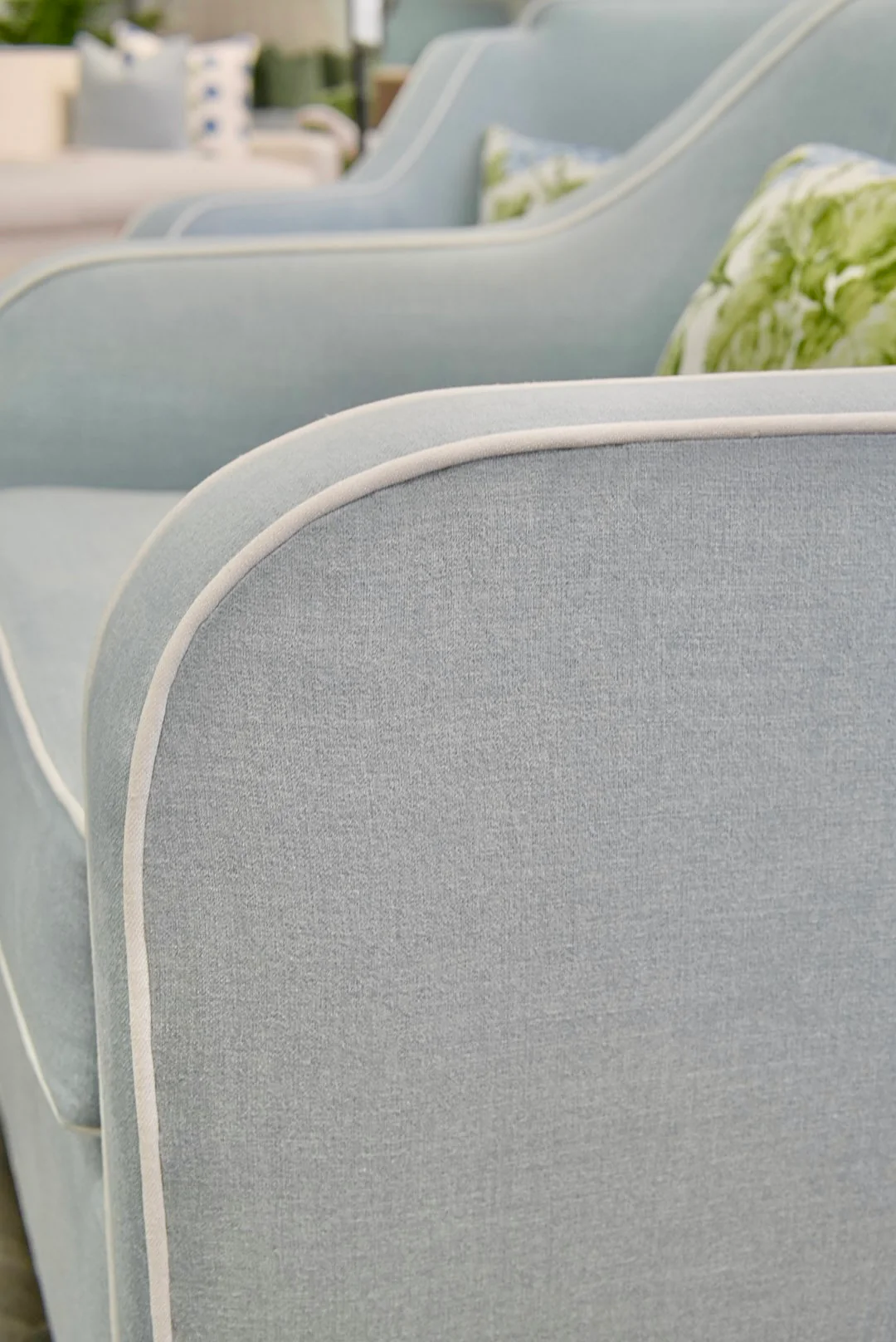 Custom Scalloped Swivel Chair: Sky Blue woven Fabric - Image 6