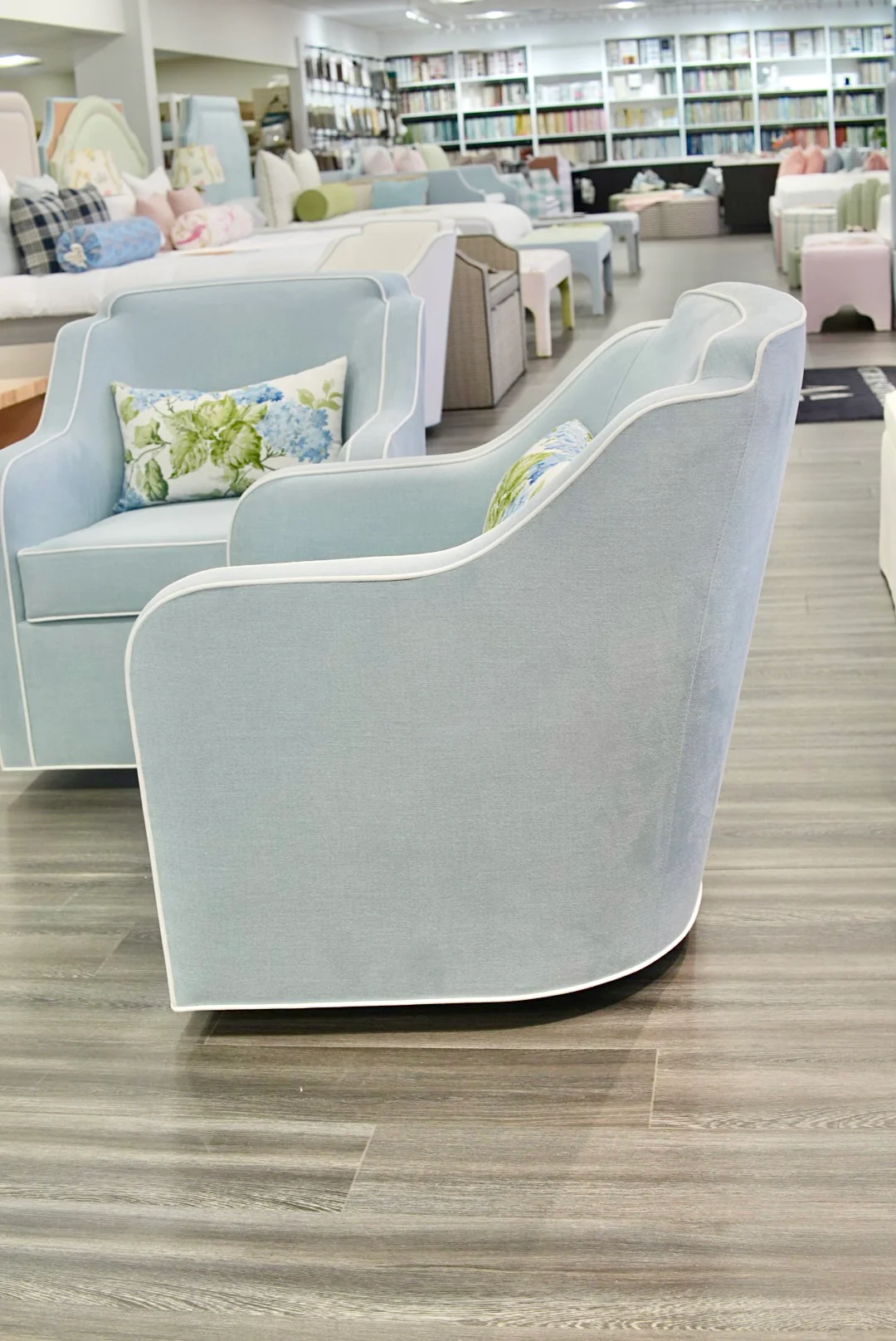 Custom Scalloped Swivel Chair: Sky Blue woven Fabric - Image 8
