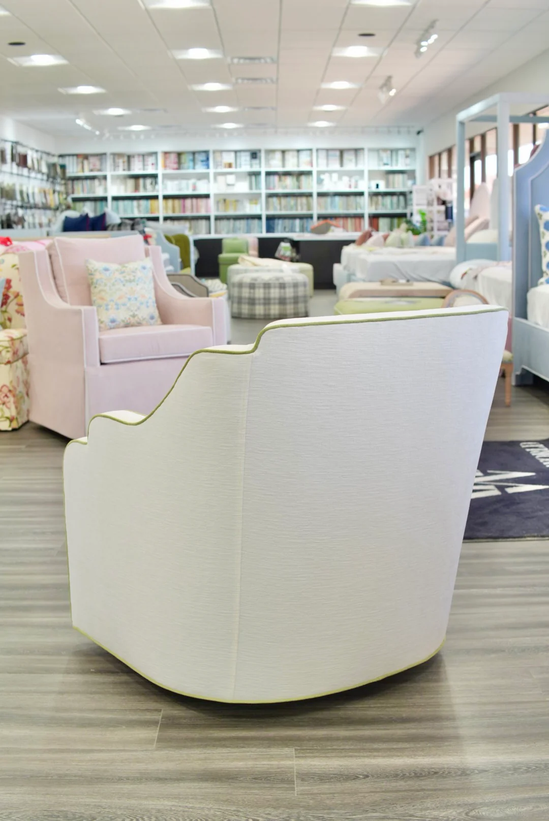 Custom Scalloped Swivel Chair: White Performance Fabric - Pistachio Green Trim - Image 10