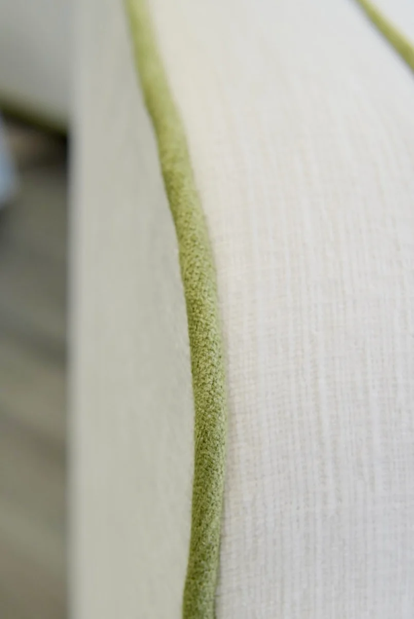 Custom Scalloped Swivel Chair: White Performance Fabric - Pistachio Green Trim - Image 4