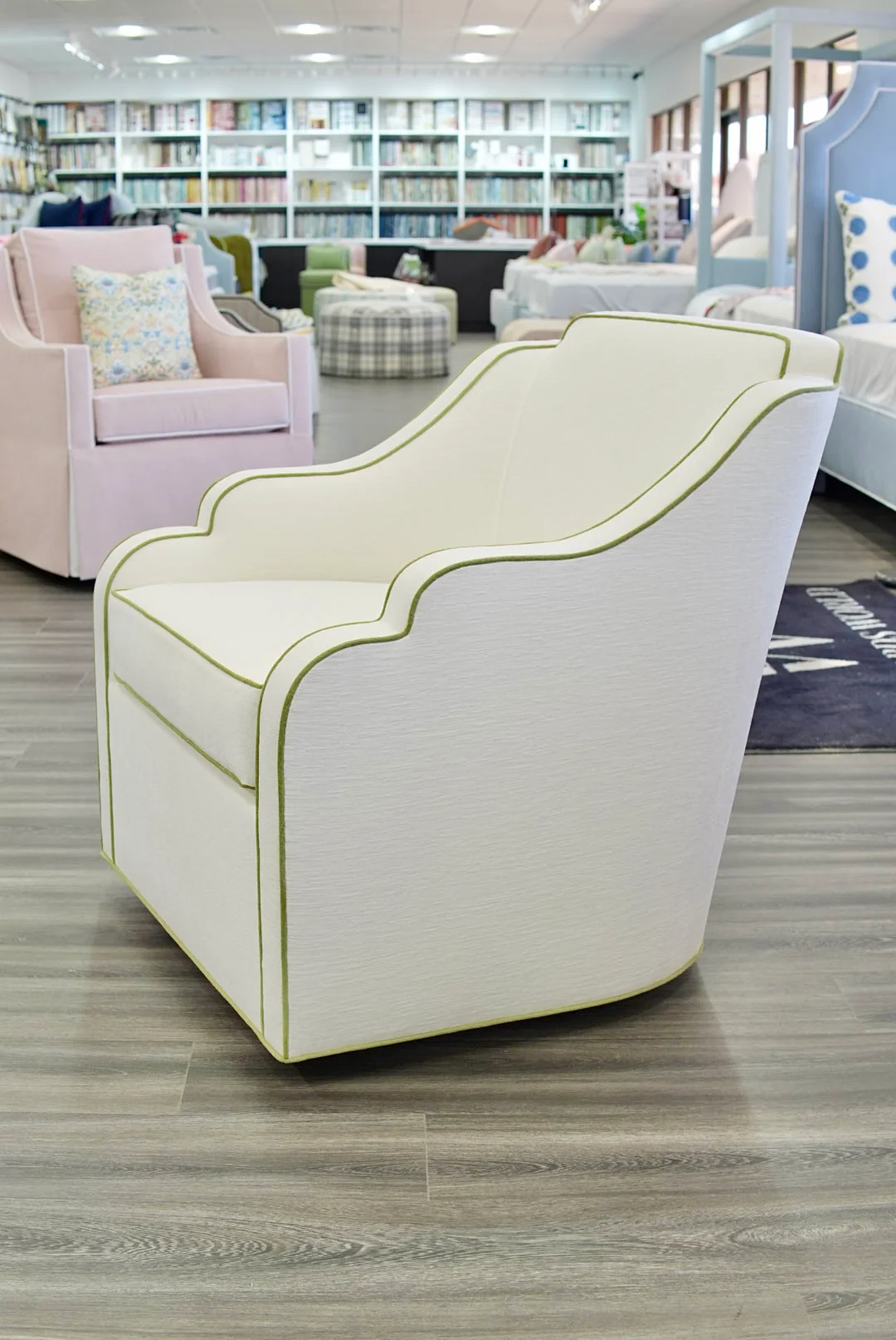 Custom Scalloped Swivel Chair: White Performance Fabric - Pistachio Green Trim - Image 5