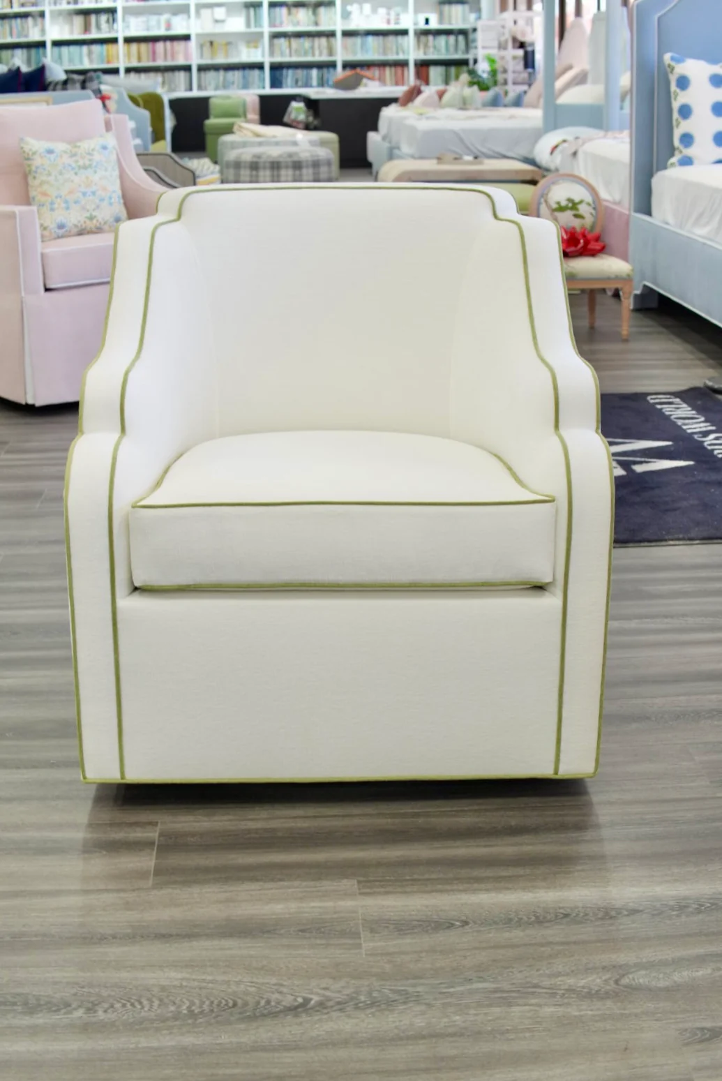 Custom Scalloped Swivel Chair: White Performance Fabric - Pistachio Green Trim - Image 6