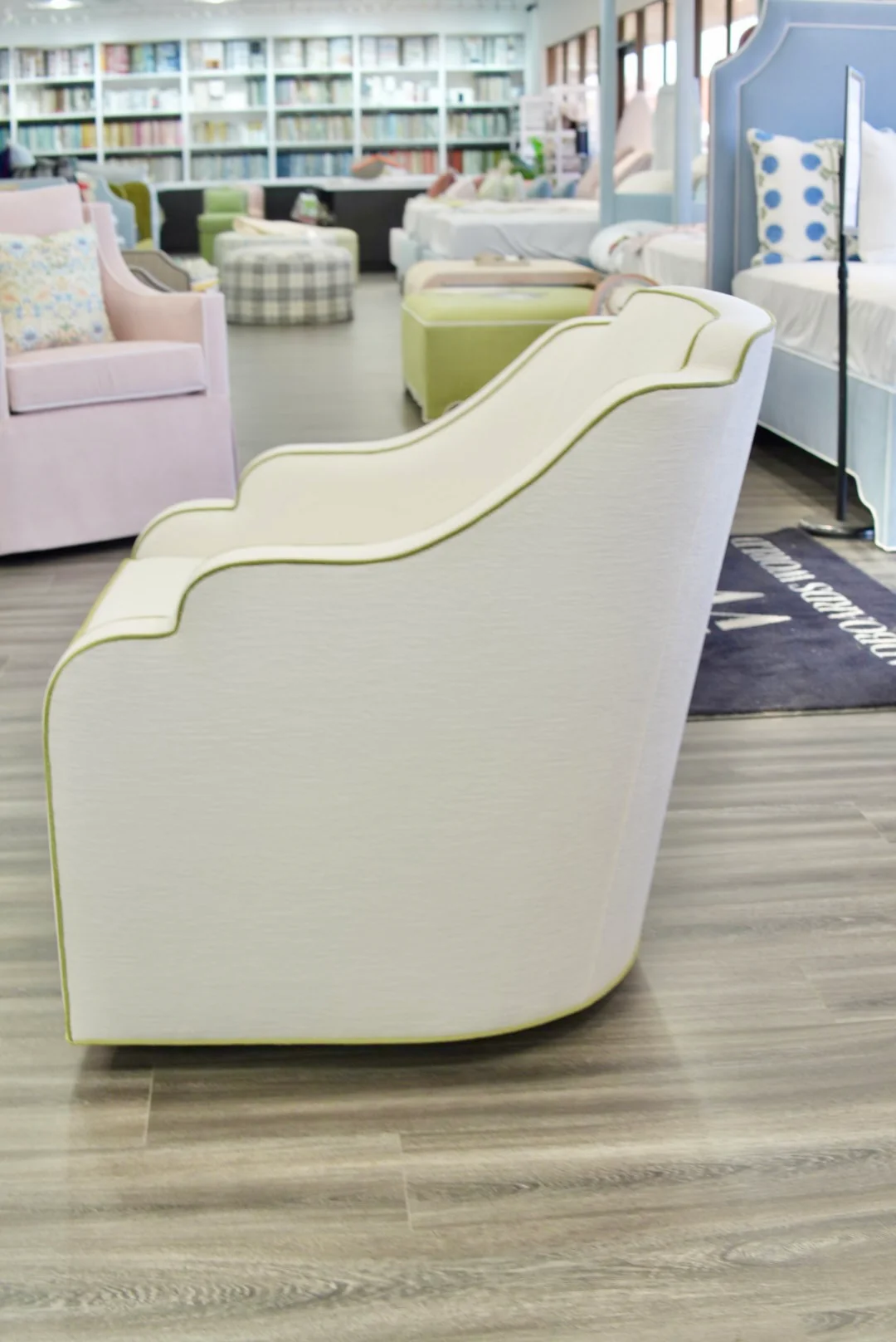 Custom Scalloped Swivel Chair: White Performance Fabric - Pistachio Green Trim - Image 7