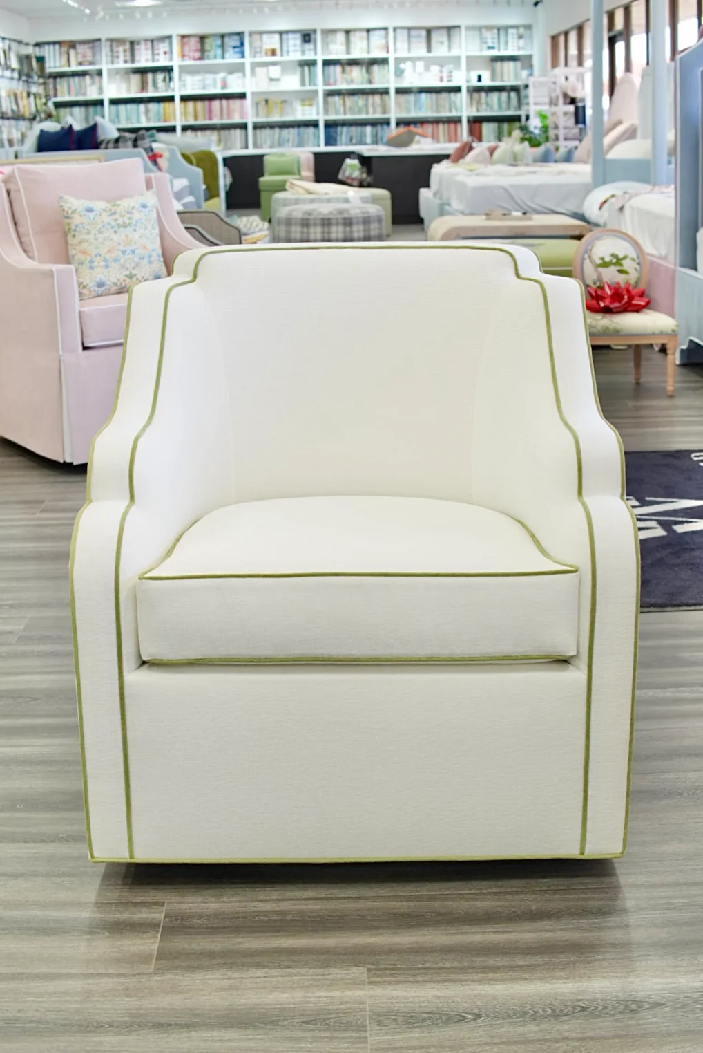 Custom Scalloped Swivel Chair: White Performance Fabric - Pistachio Green Trim - Image 8