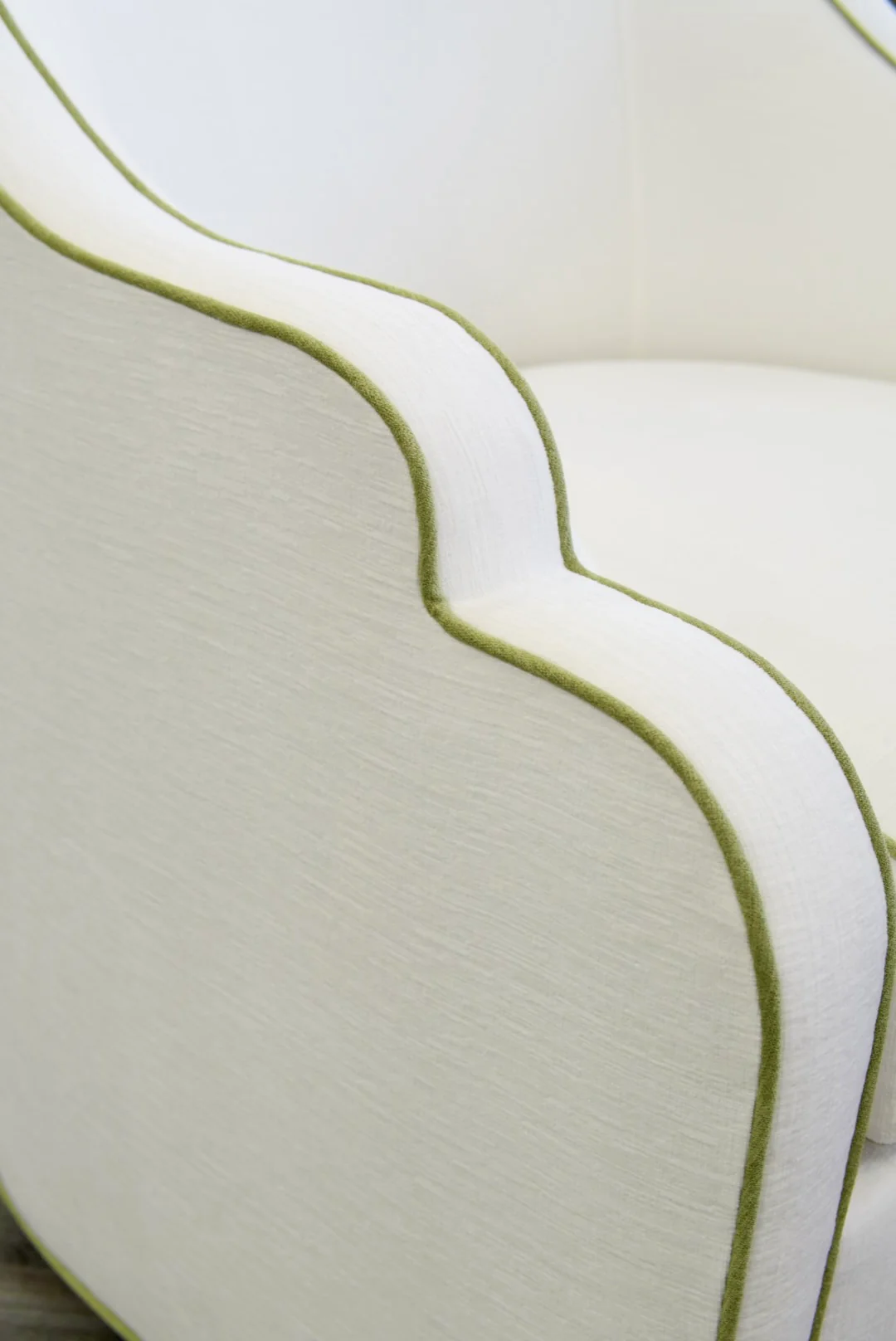 Custom Scalloped Swivel Chair: White Performance Fabric - Pistachio Green Trim - Image 9