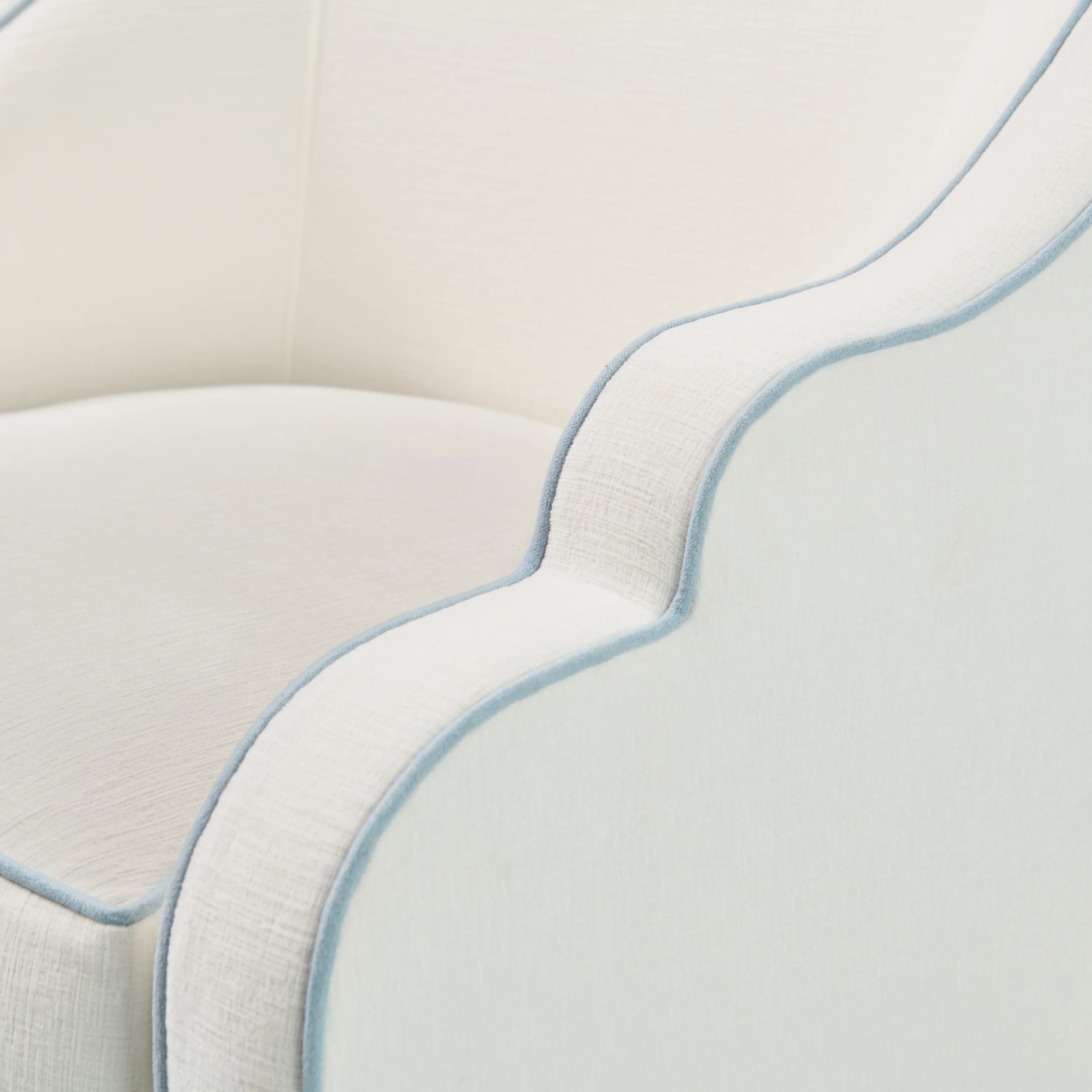 Custom Scalloped Swivel Chair: White Performance Fabric - Sky Blue Trim - Image 5
